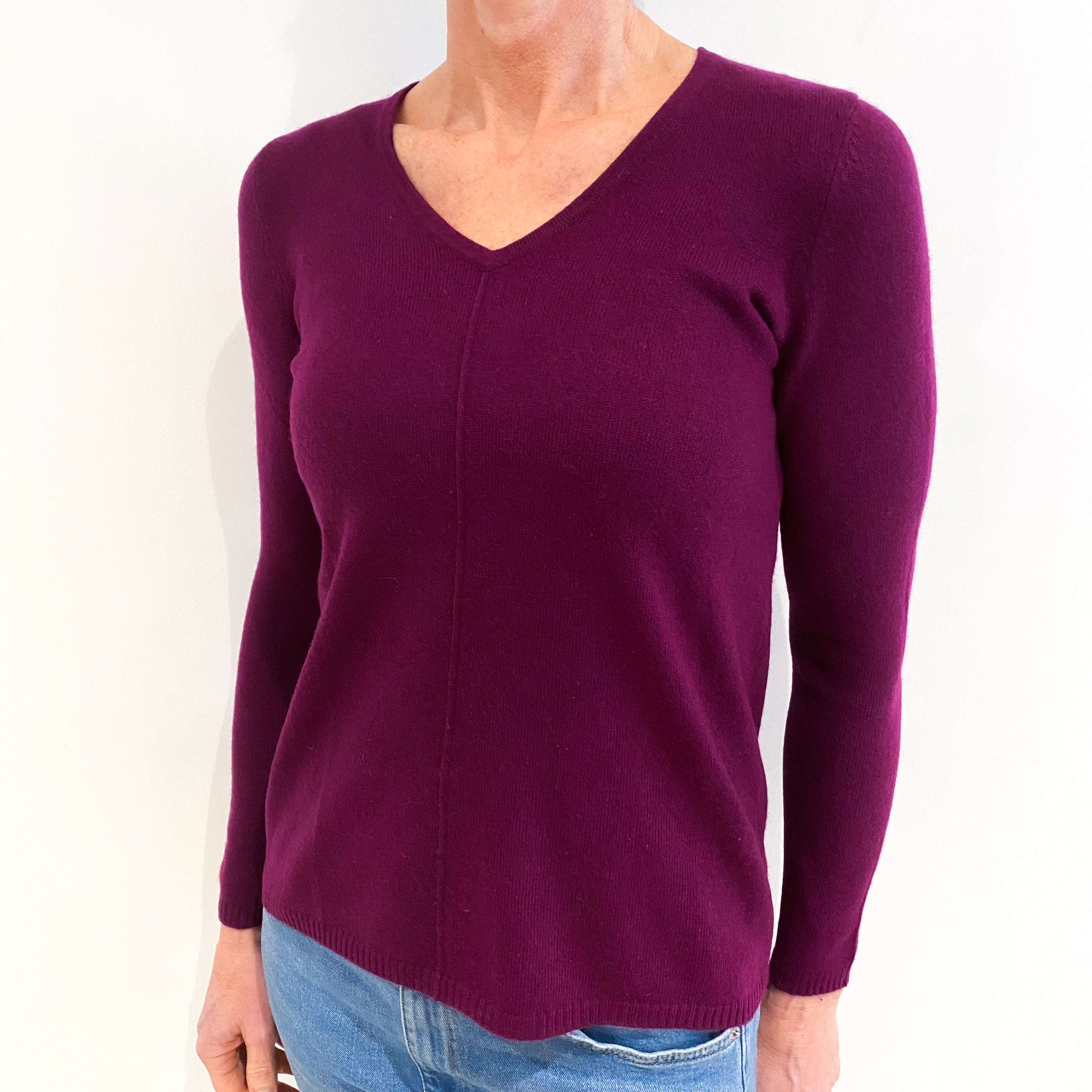 Plum Purple Cashmere V Neck Jumper Small