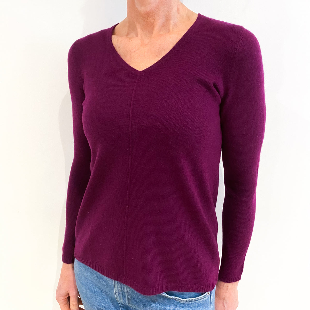 Plum Purple Cashmere V Neck Jumper Small