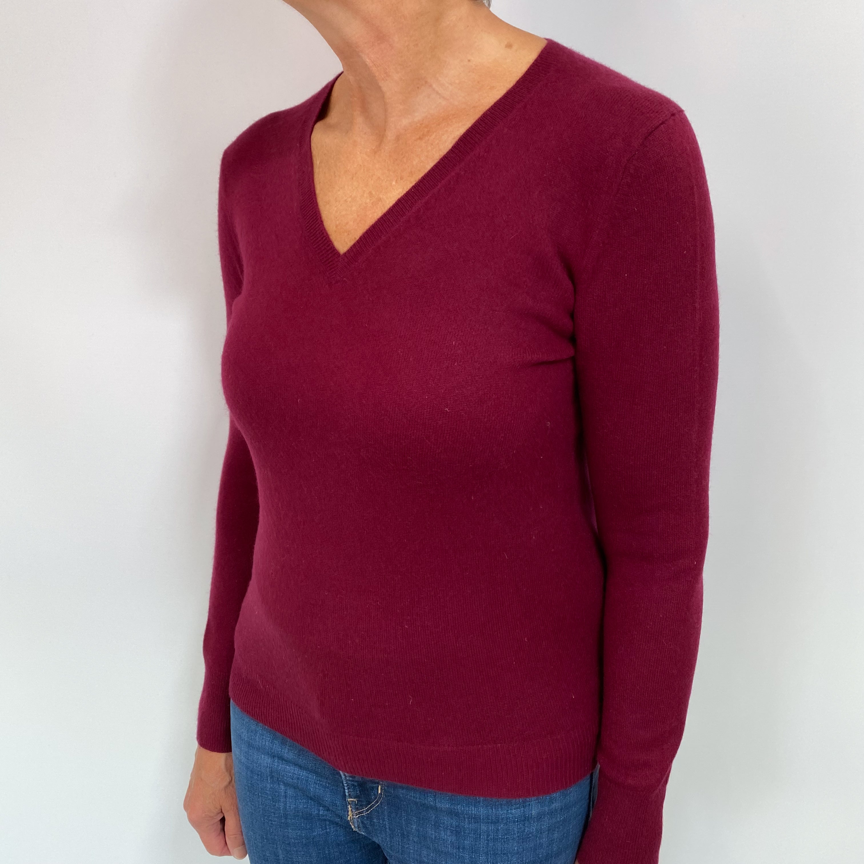 Burgundy Red Cashmere V Neck Jumper Medium