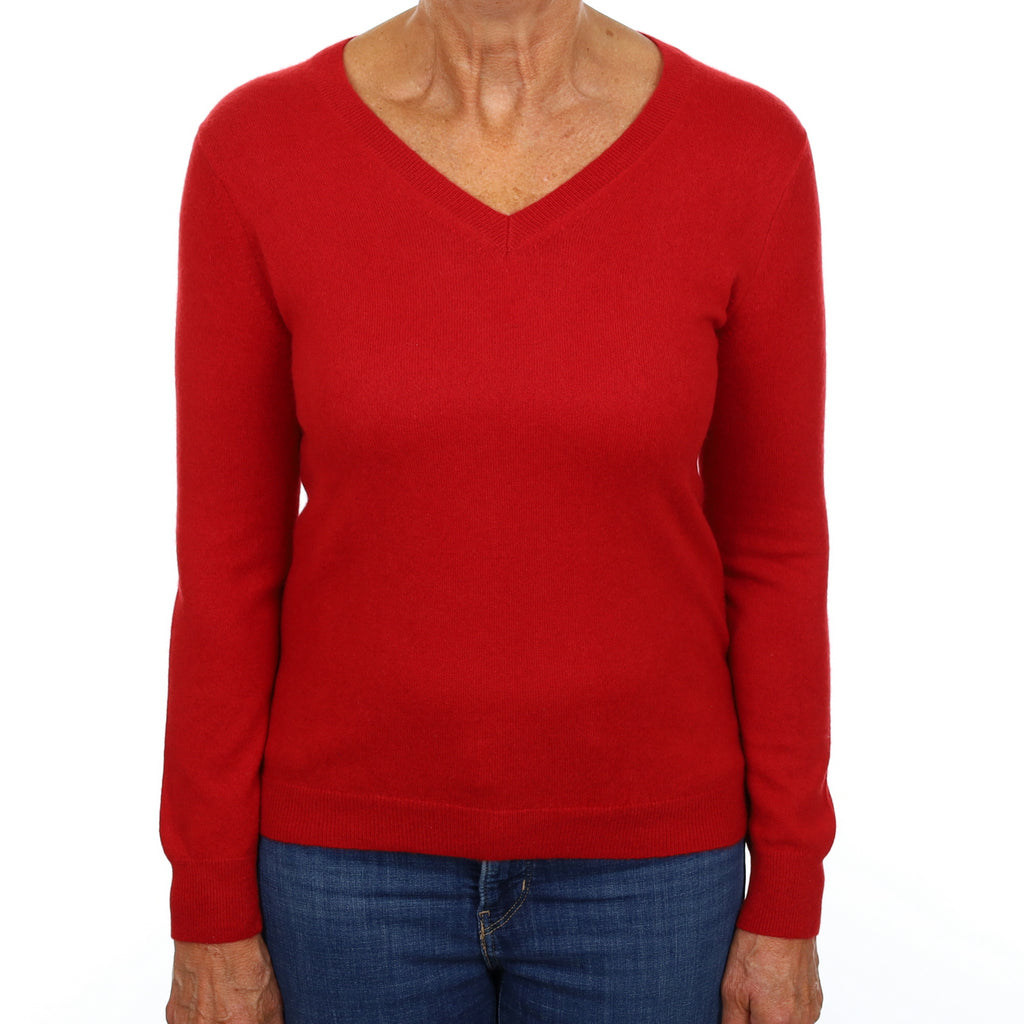 Scarlet Red Cashmere V Neck Jumper Medium