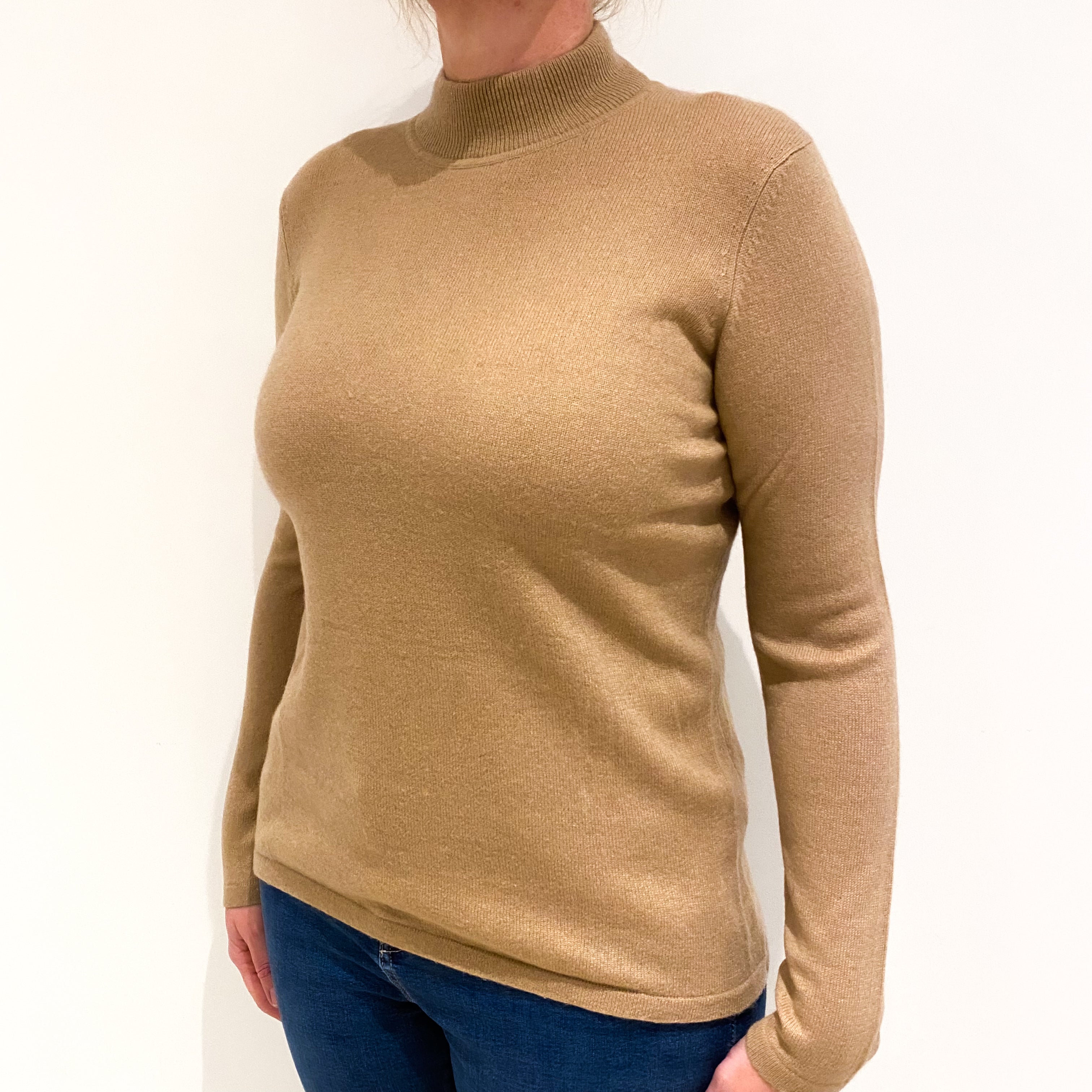 Camel Brown Cashmere Turtle Neck Jumper Large