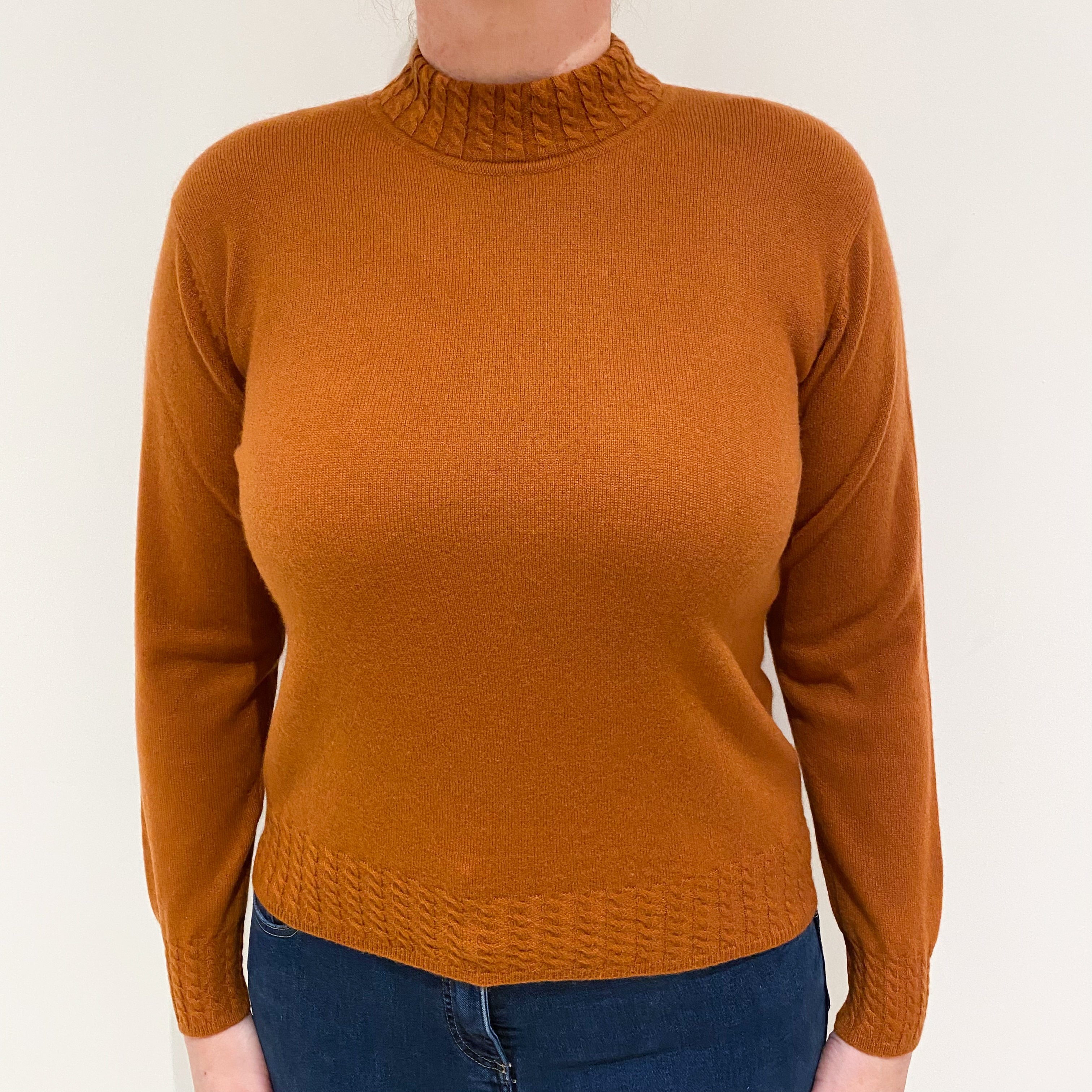 Rust Orange Cable Trim Cashmere Turtle Neck Jumper Large