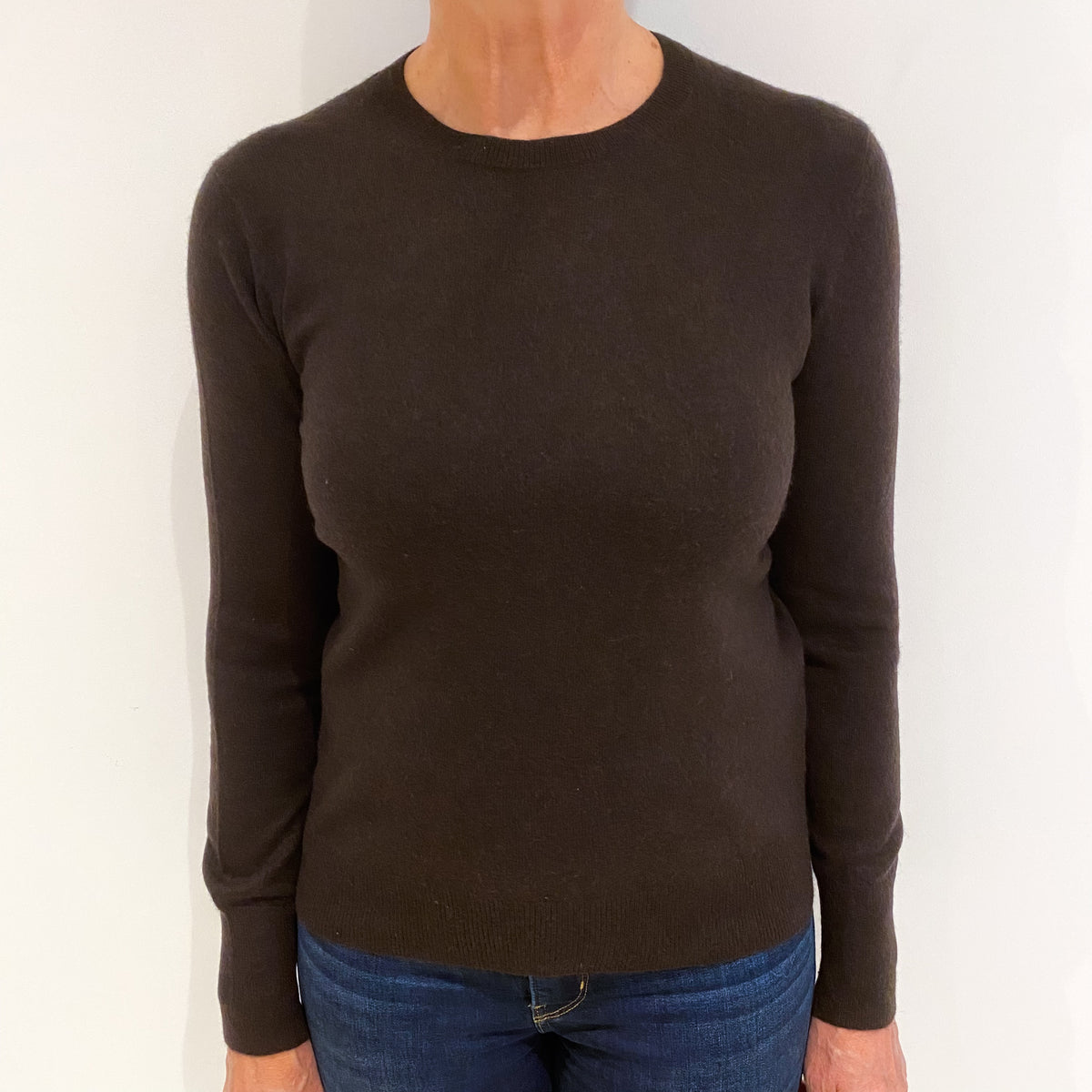 Dark Chocolate Brown Cashmere Crew Neck Jumper Medium