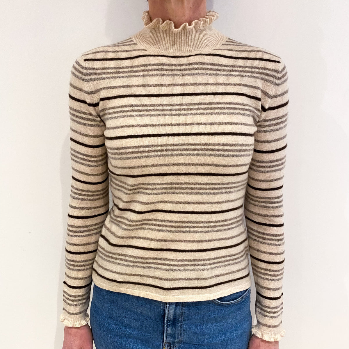 Oatmeal Beige Striped Cashmere Frilled Turtle Neck Jumper Small