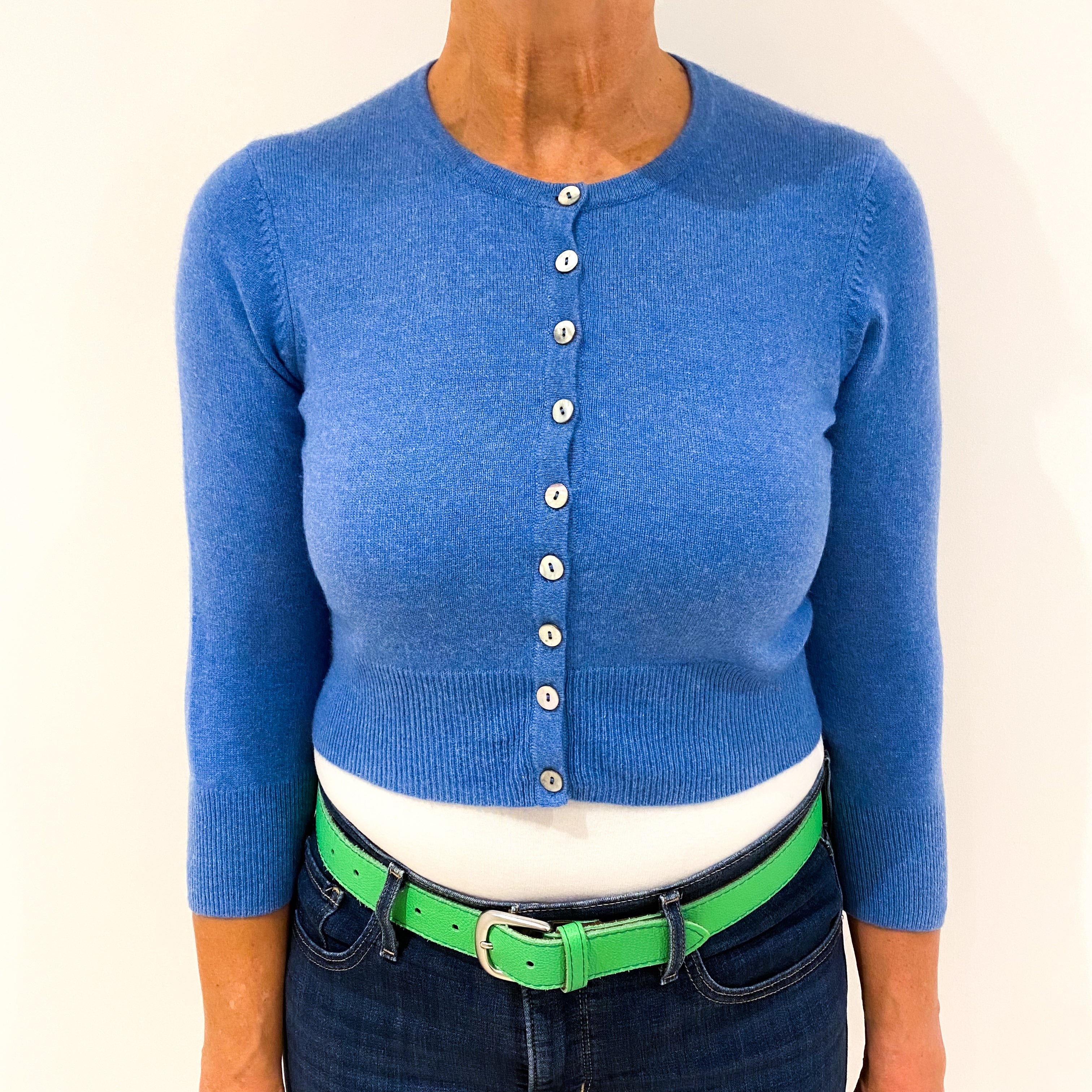 Airforce Blue Cropped Cashmere Crew Neck Cardigan Medium