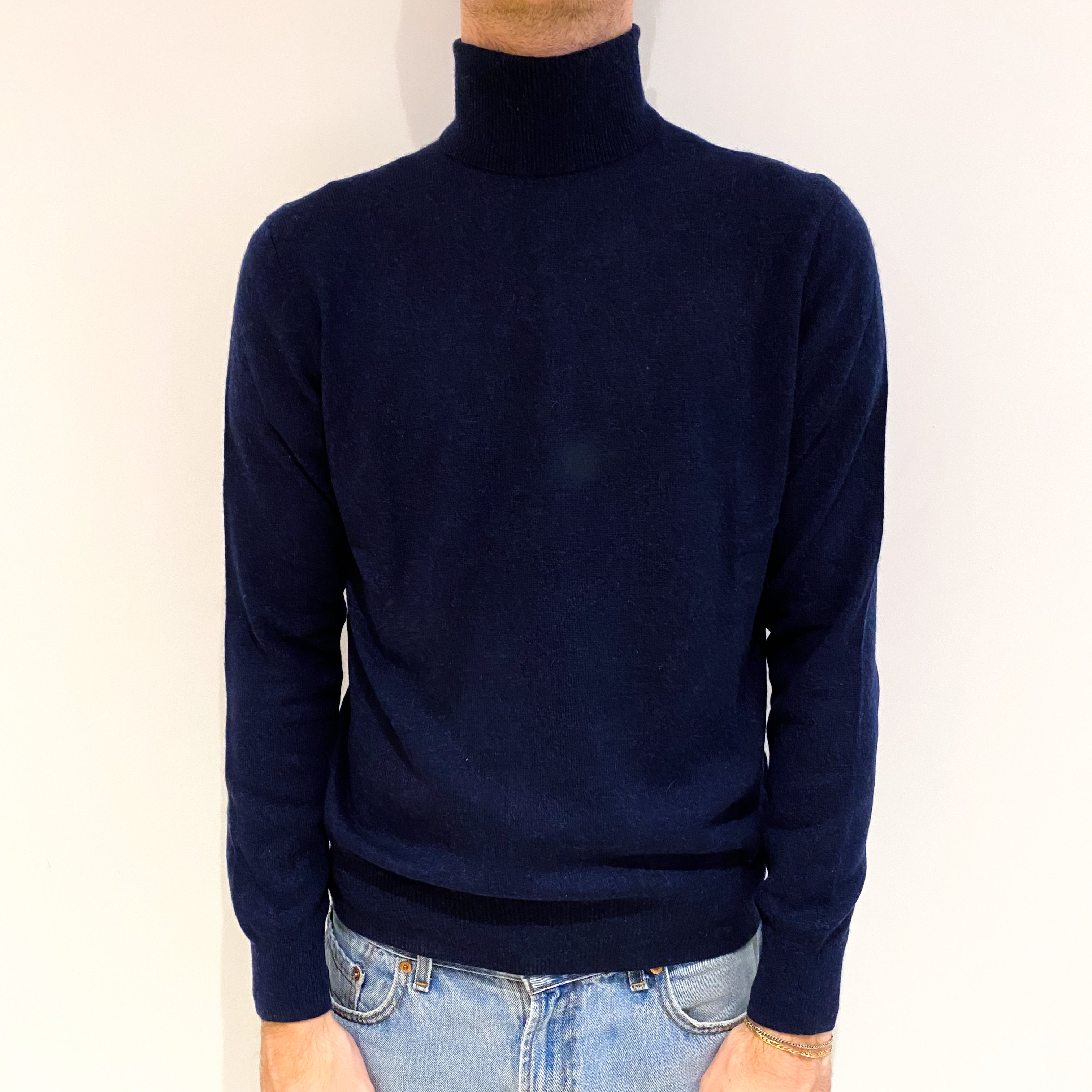 Men's Navy Marl Cashmere Polo Neck Jumper Medium