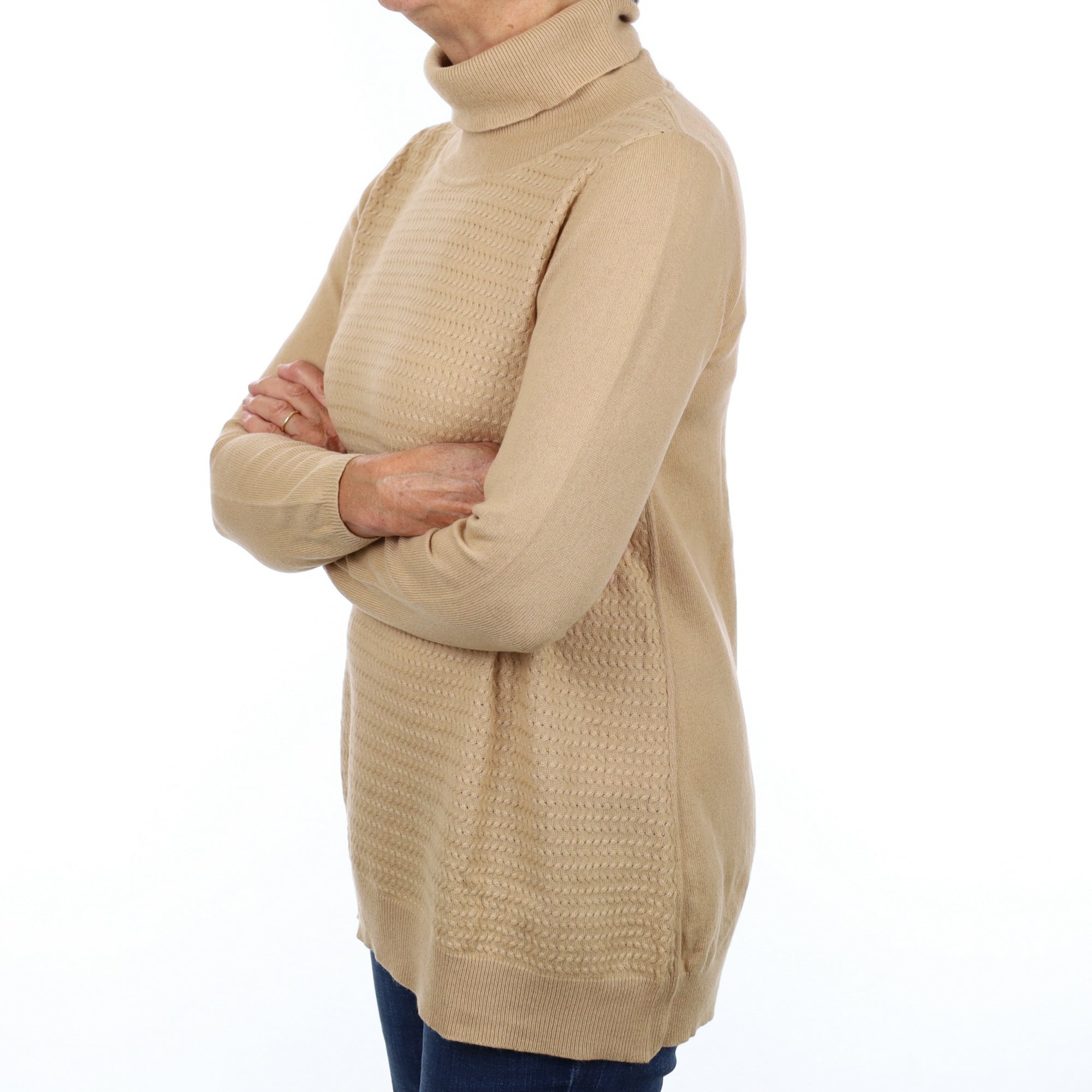 Camel Brown Cashmere Textured Front Polo Neck Jumper Medium