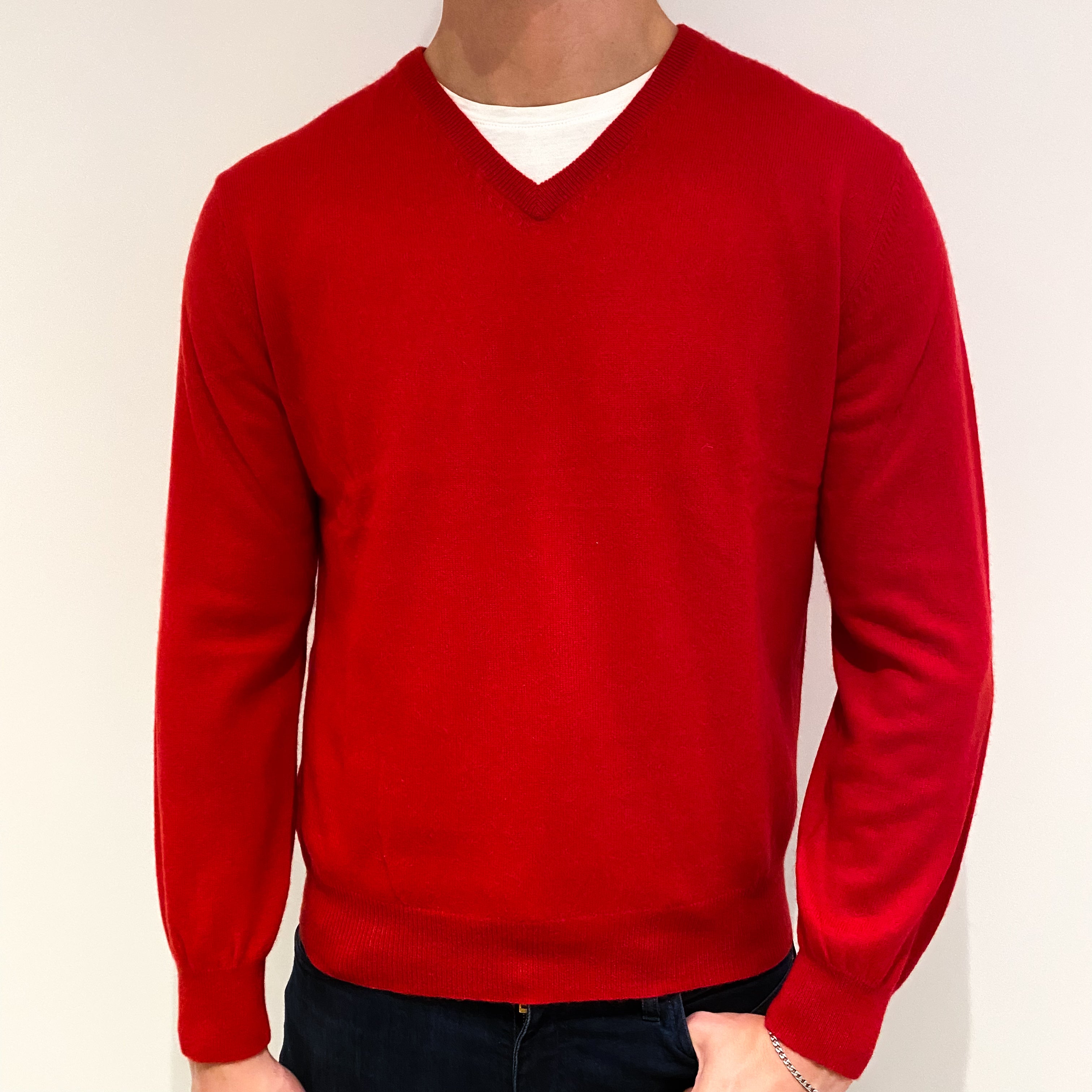 Men's Scarlet Red Cashmere V-Neck Jumper Extra Large