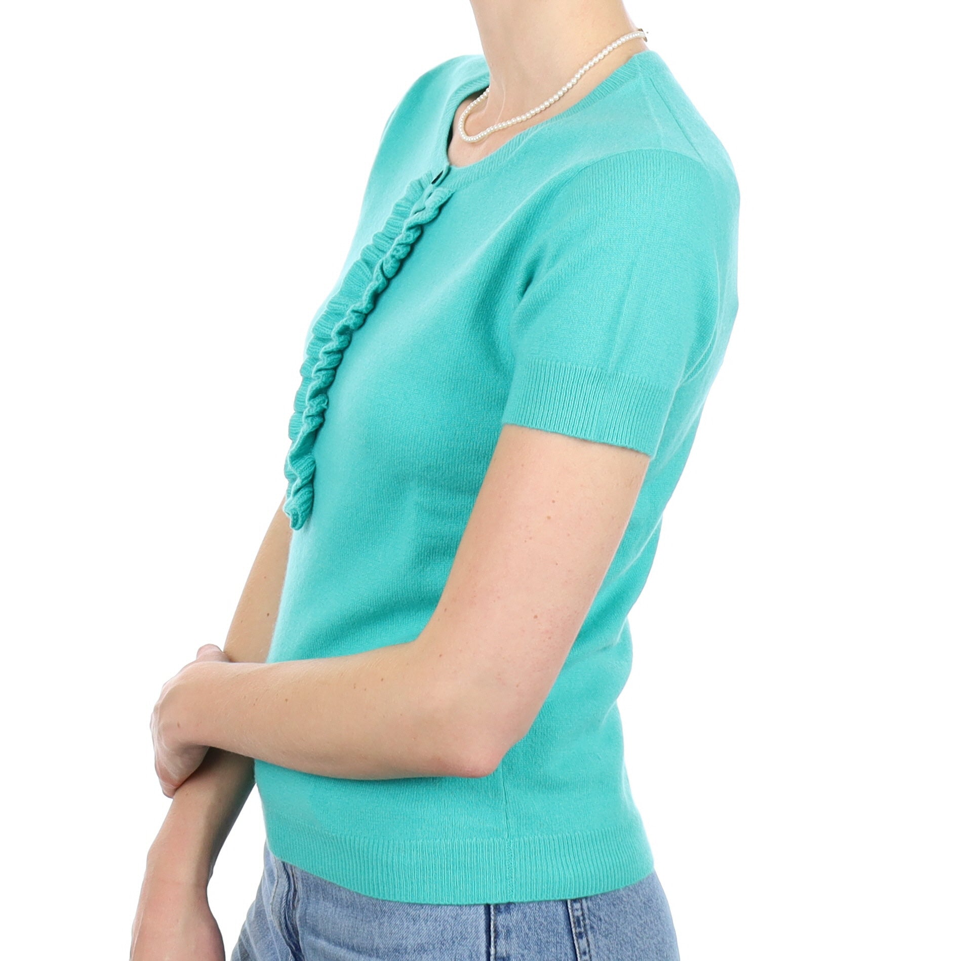 New Turquoise Green Ruffle Cashmere Short Sleeve Crew Neck Jumper Small