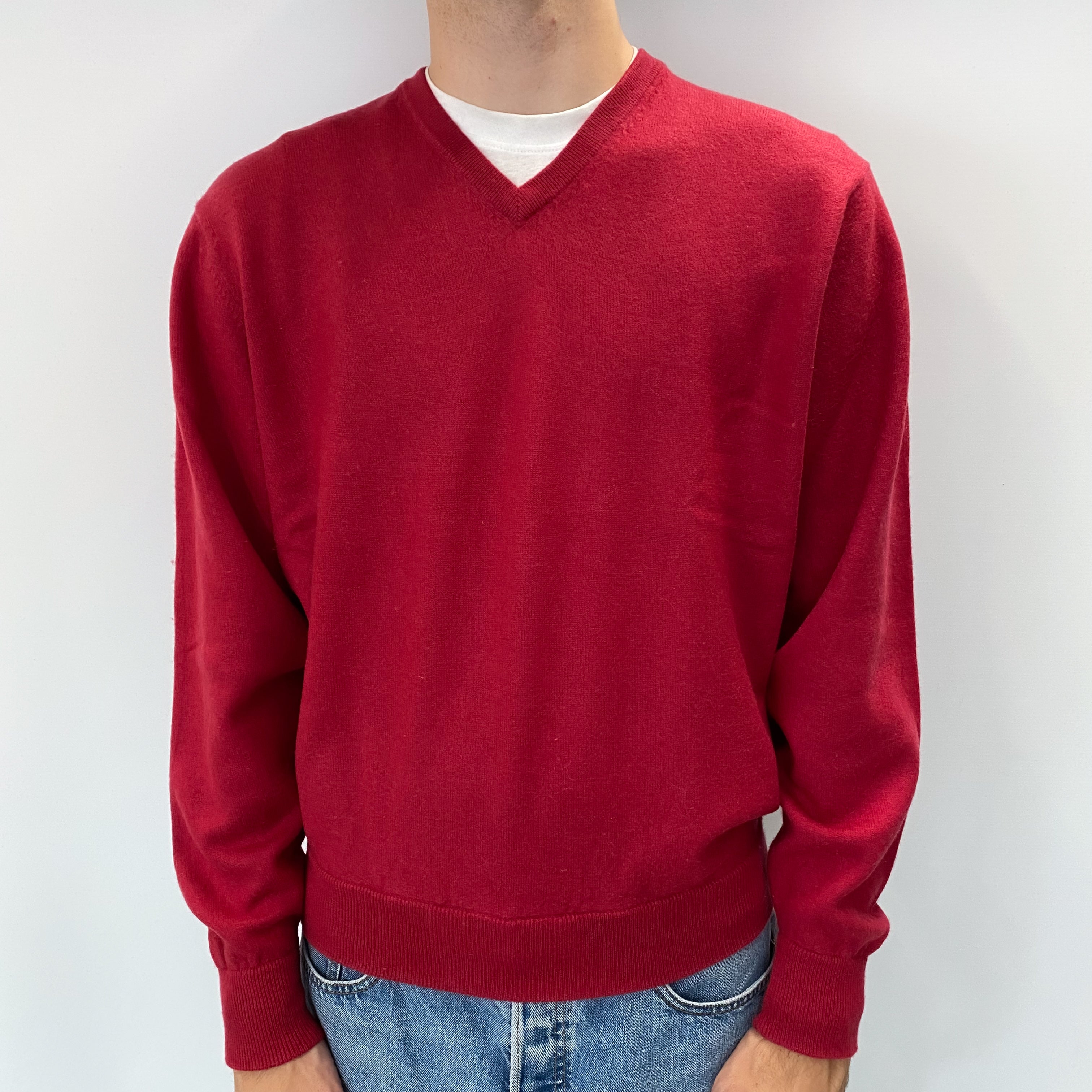Men's Ruby Red Cashmere V Neck Jumper Large