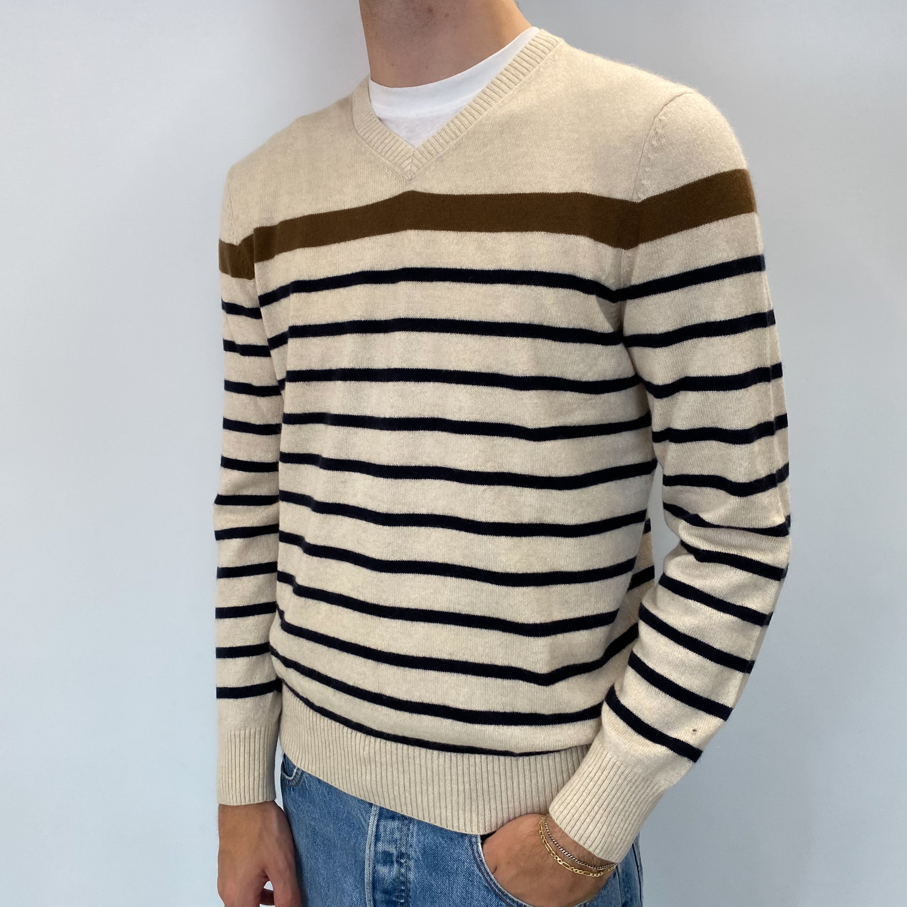 Men's Oatmeal Striped Cashmere V Neck Jumper Medium