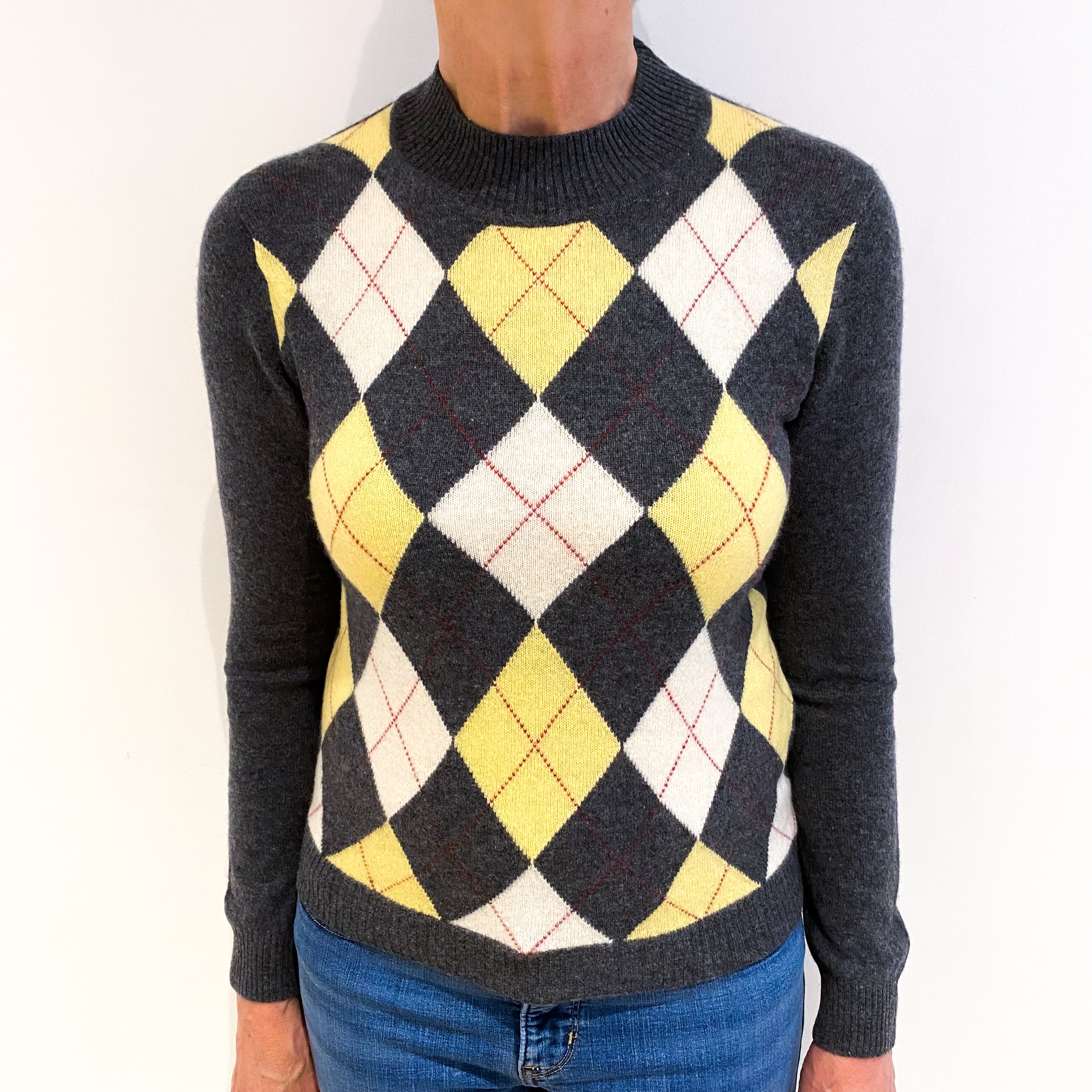 Slate Grey Diamond Pattern Cashmere Turtle Neck Jumper Medium