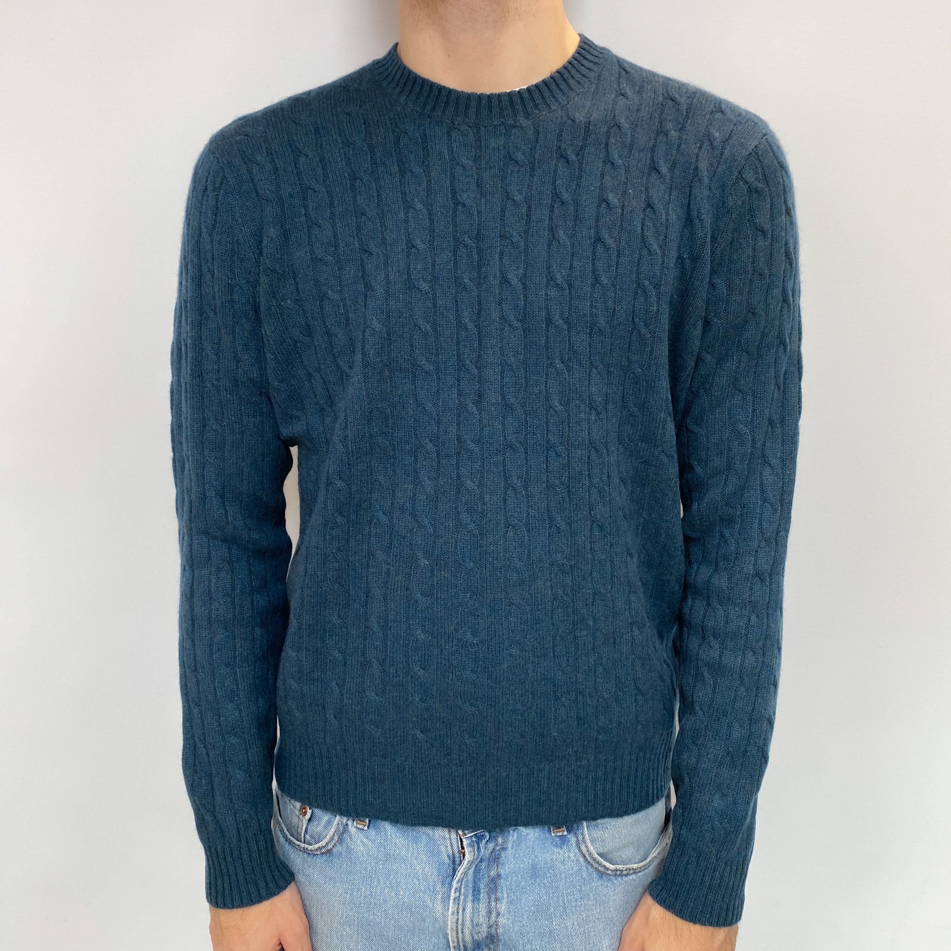 Men's Petrol Blue Cable Cashmere Crew Neck Jumper Large