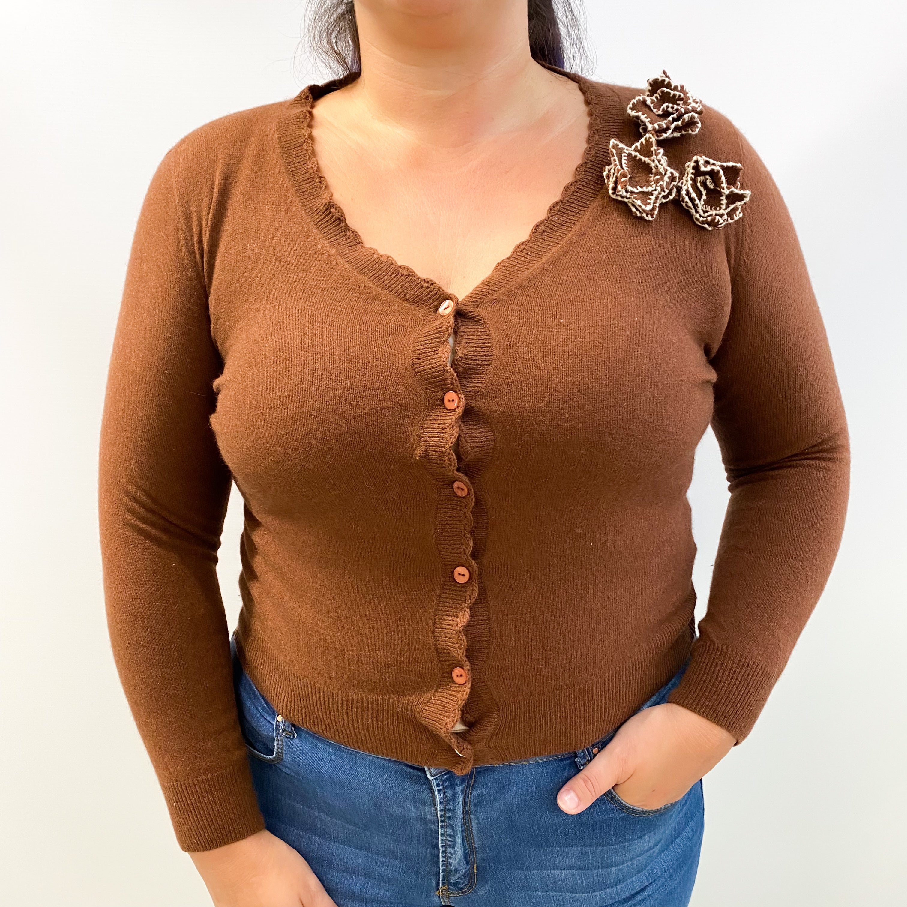 Chestnut Brown Cashmere V Neck Cardigan Large