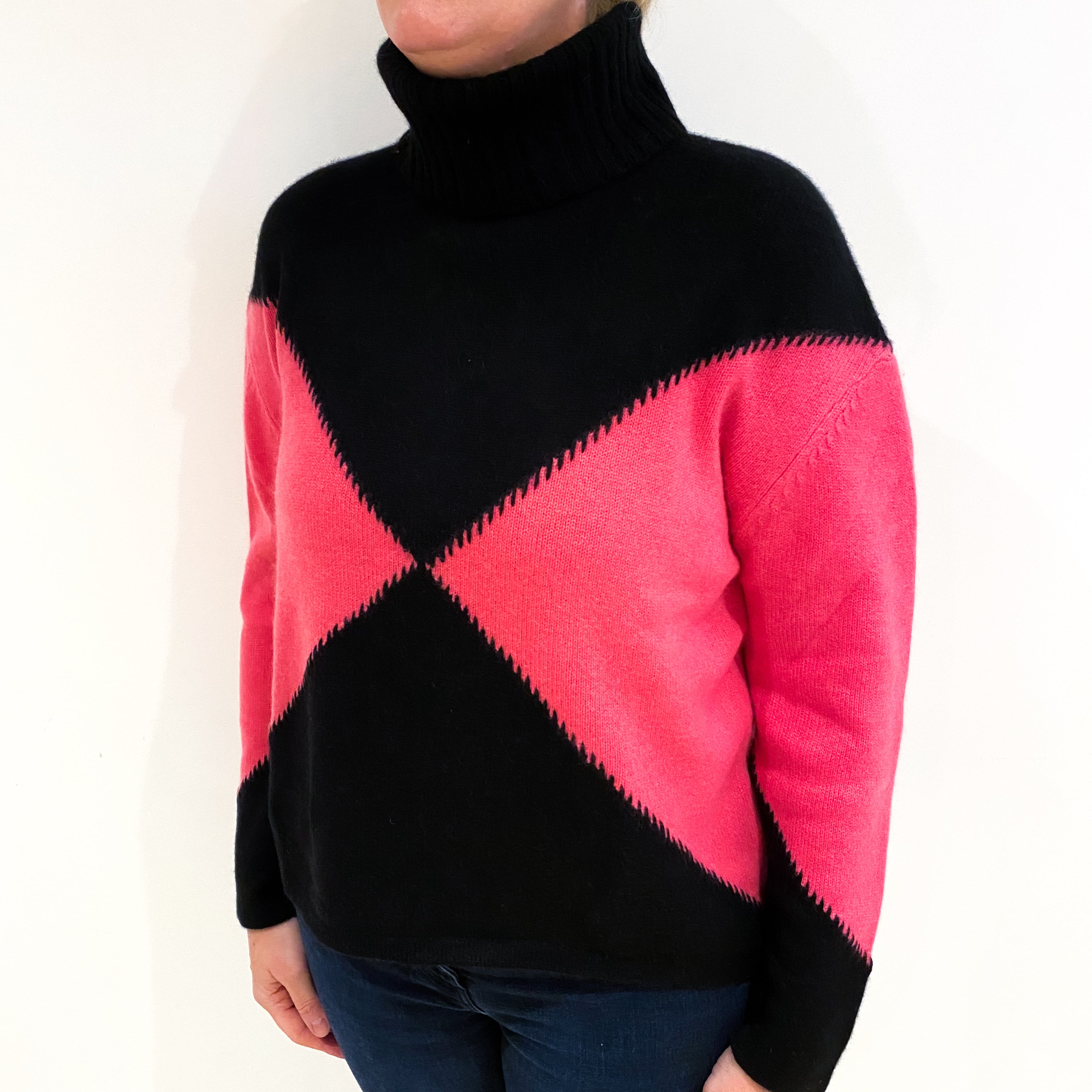 Black and Hot Pink Cashmere Polo Neck Jumper Large