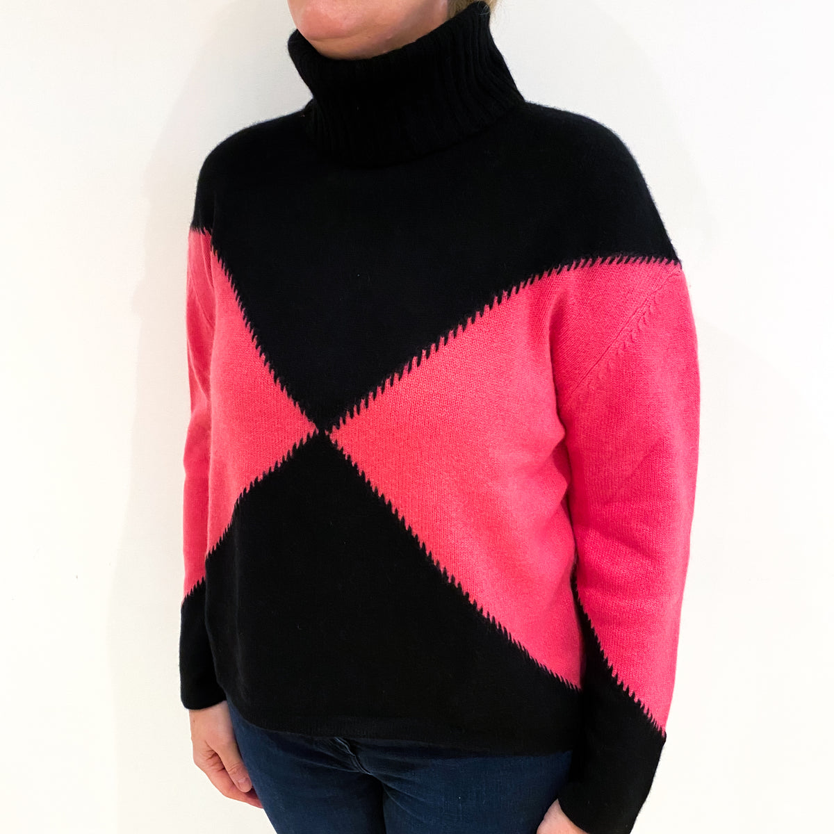 Black and Hot Pink Cashmere Polo Neck Jumper Large