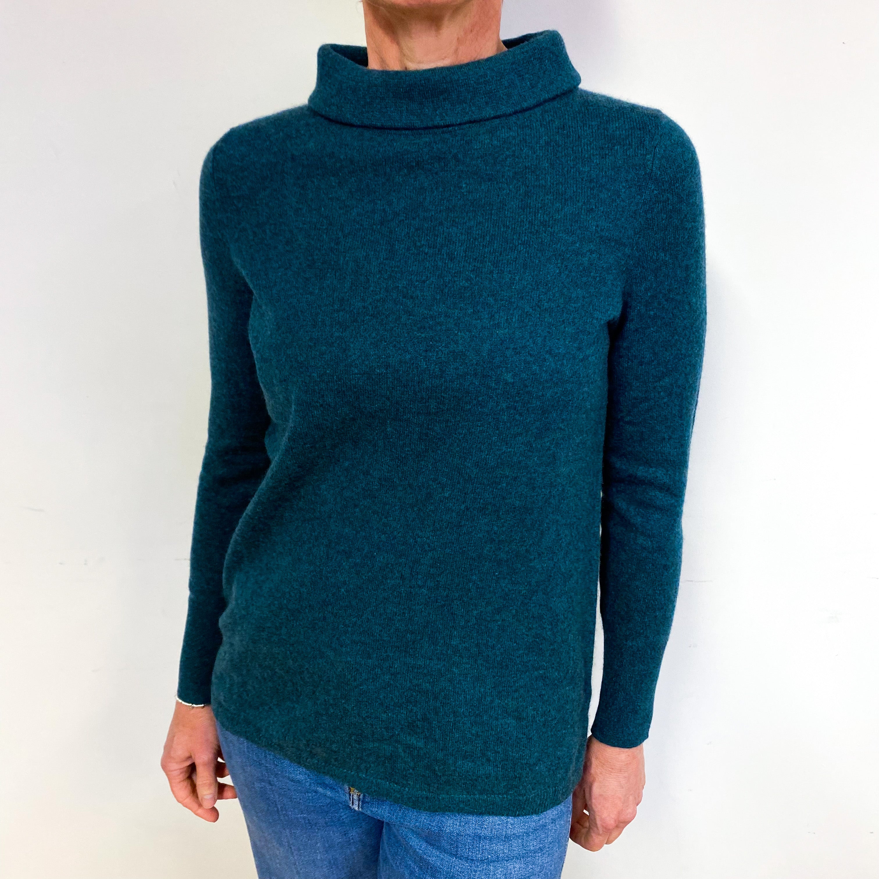 Petrol Blue Cashmere Polo Neck Jumper Medium