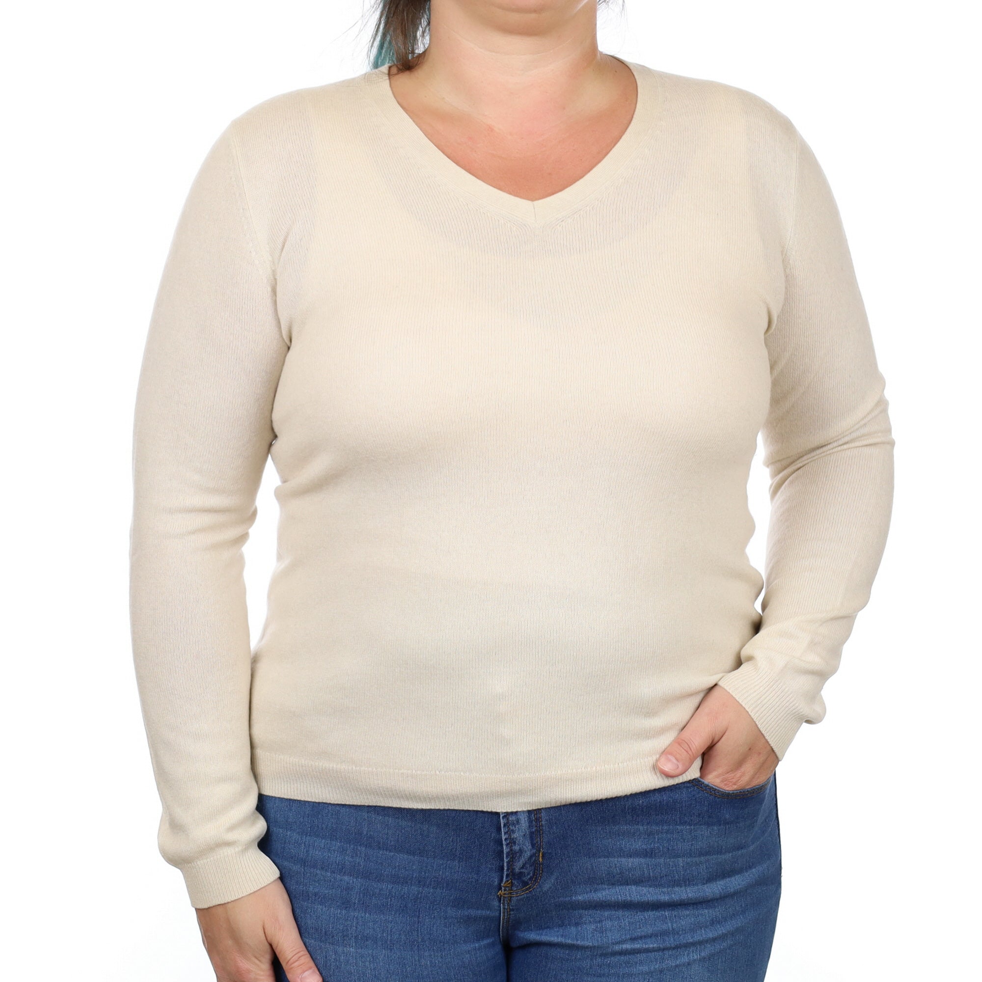 Vanilla Cream Cashmere V Neck Jumper Large
