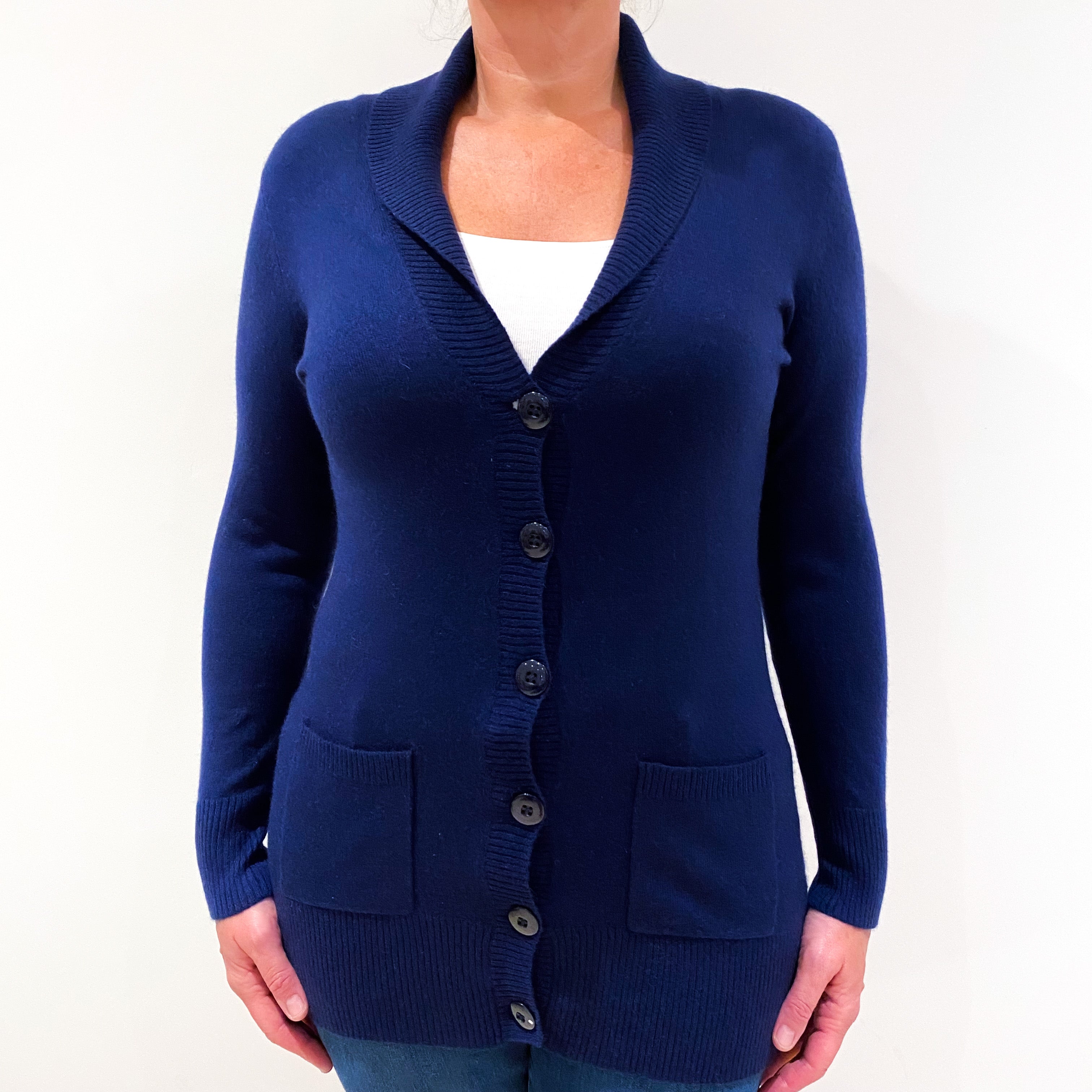 Navy Blue Long Cashmere V-Neck Cardigan Large