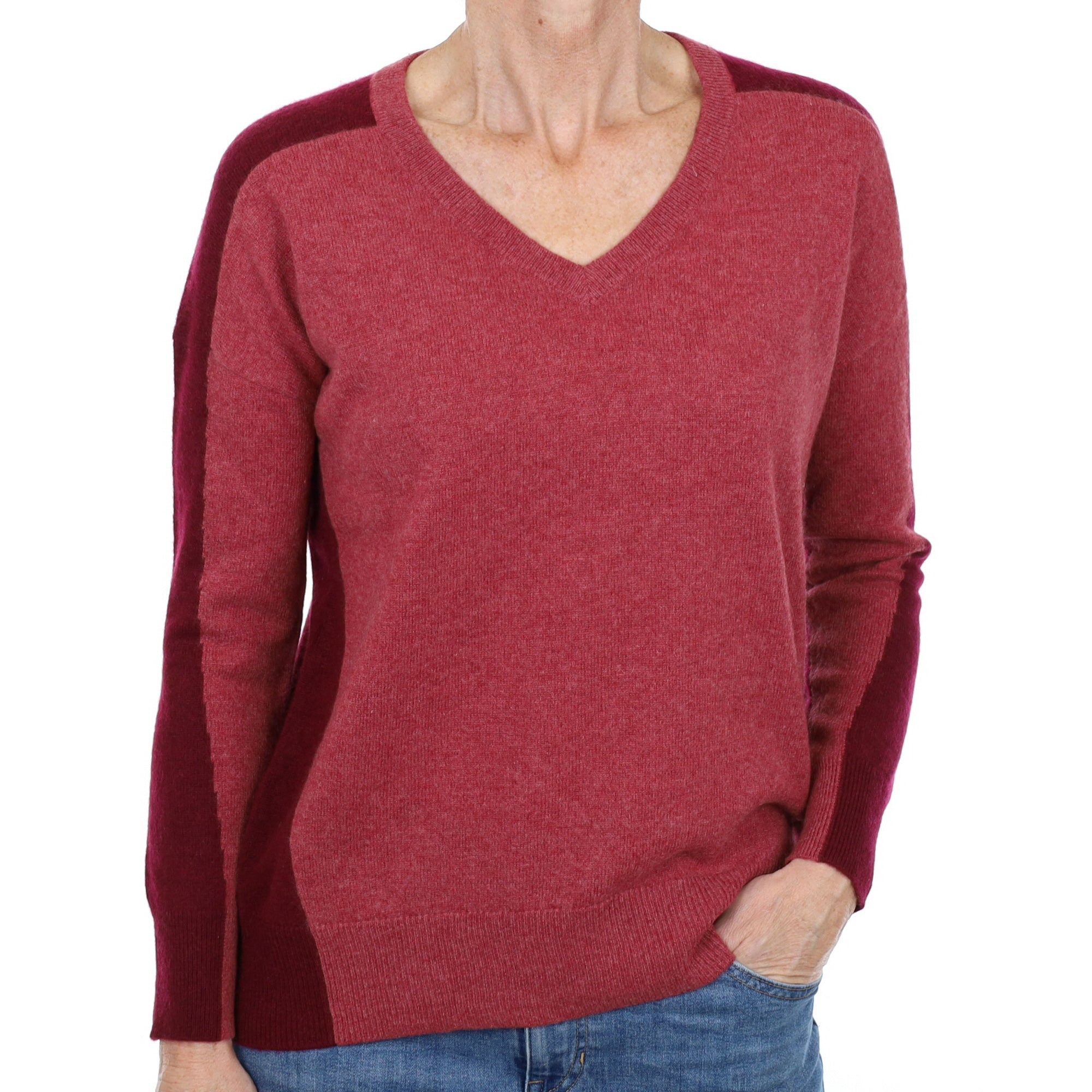 Raspberry and Burgundy Colourblock Cashmere V Neck Jumper Small