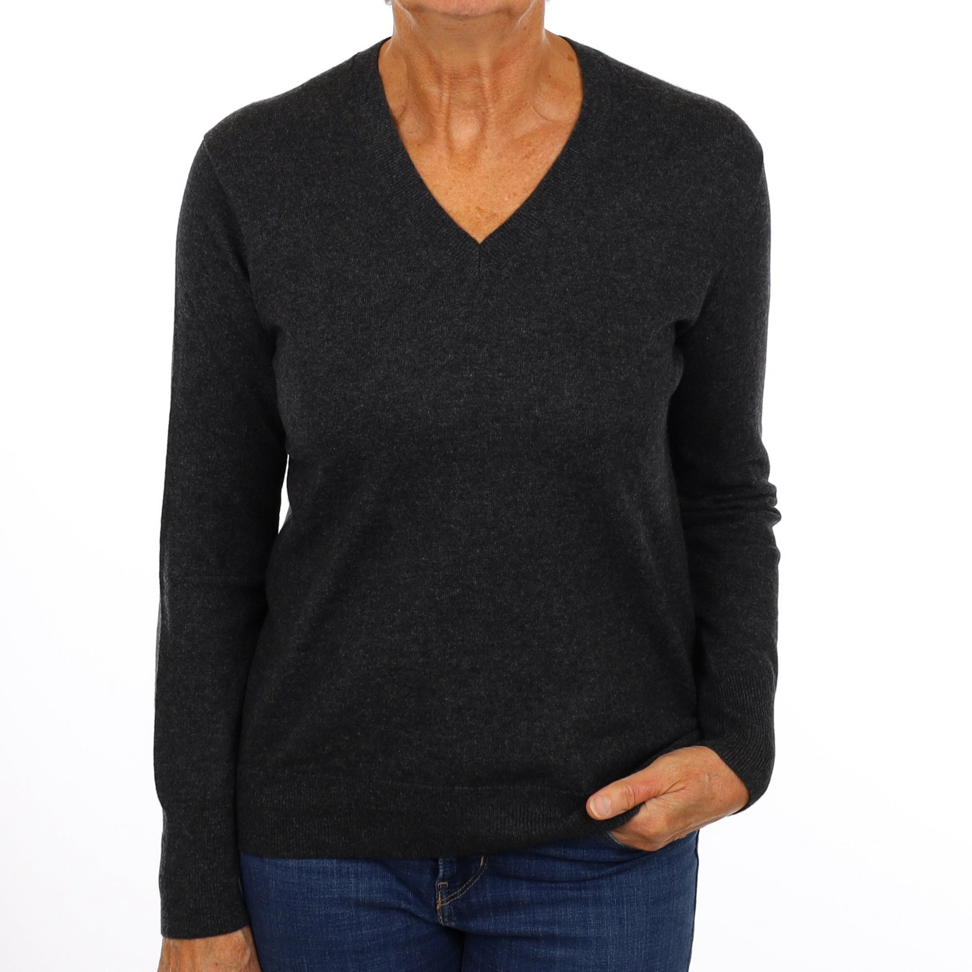 Charcoal Grey Cashmere V Neck Jumper Medium
