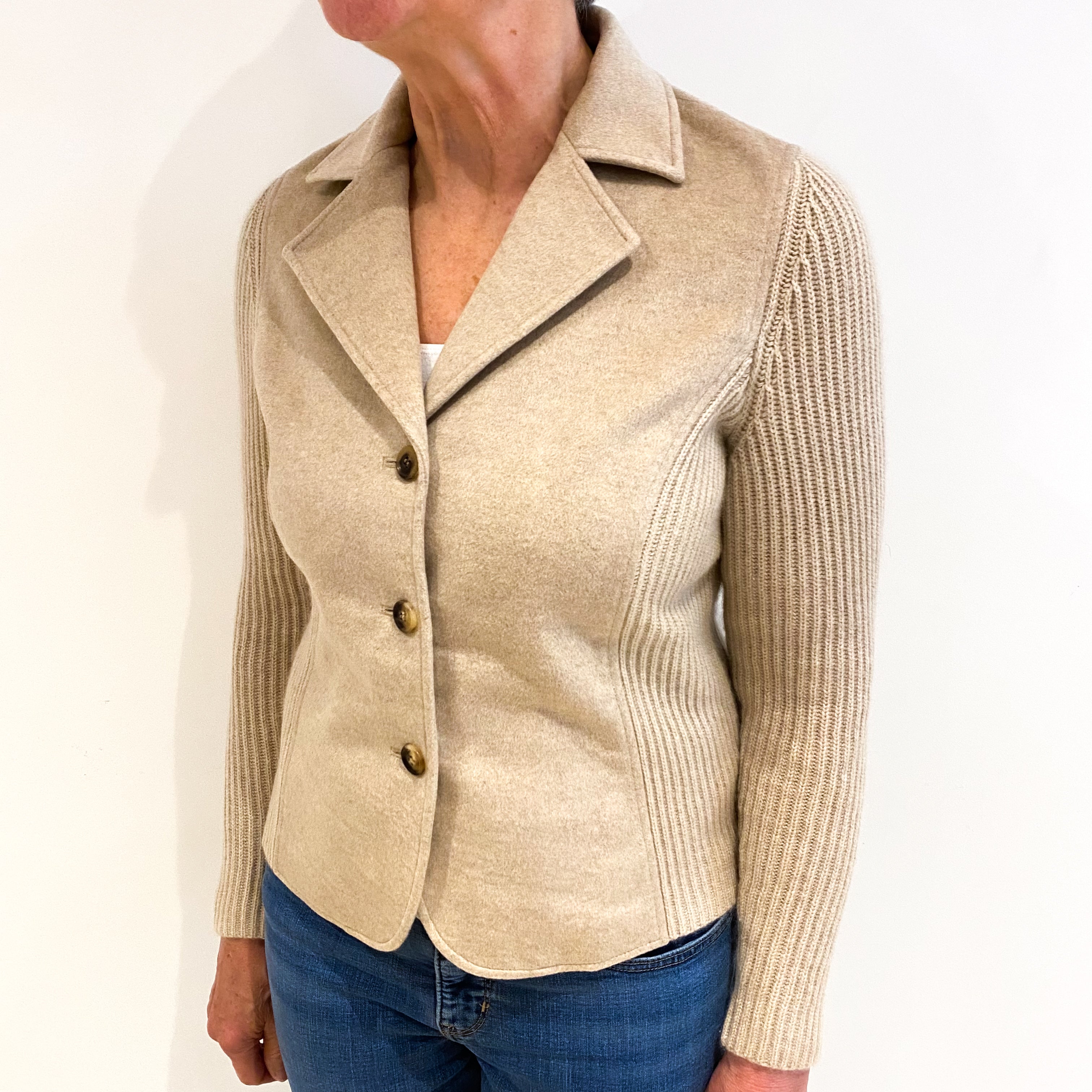Sand Beige Cashmere Collared V Neck Jacket Medium