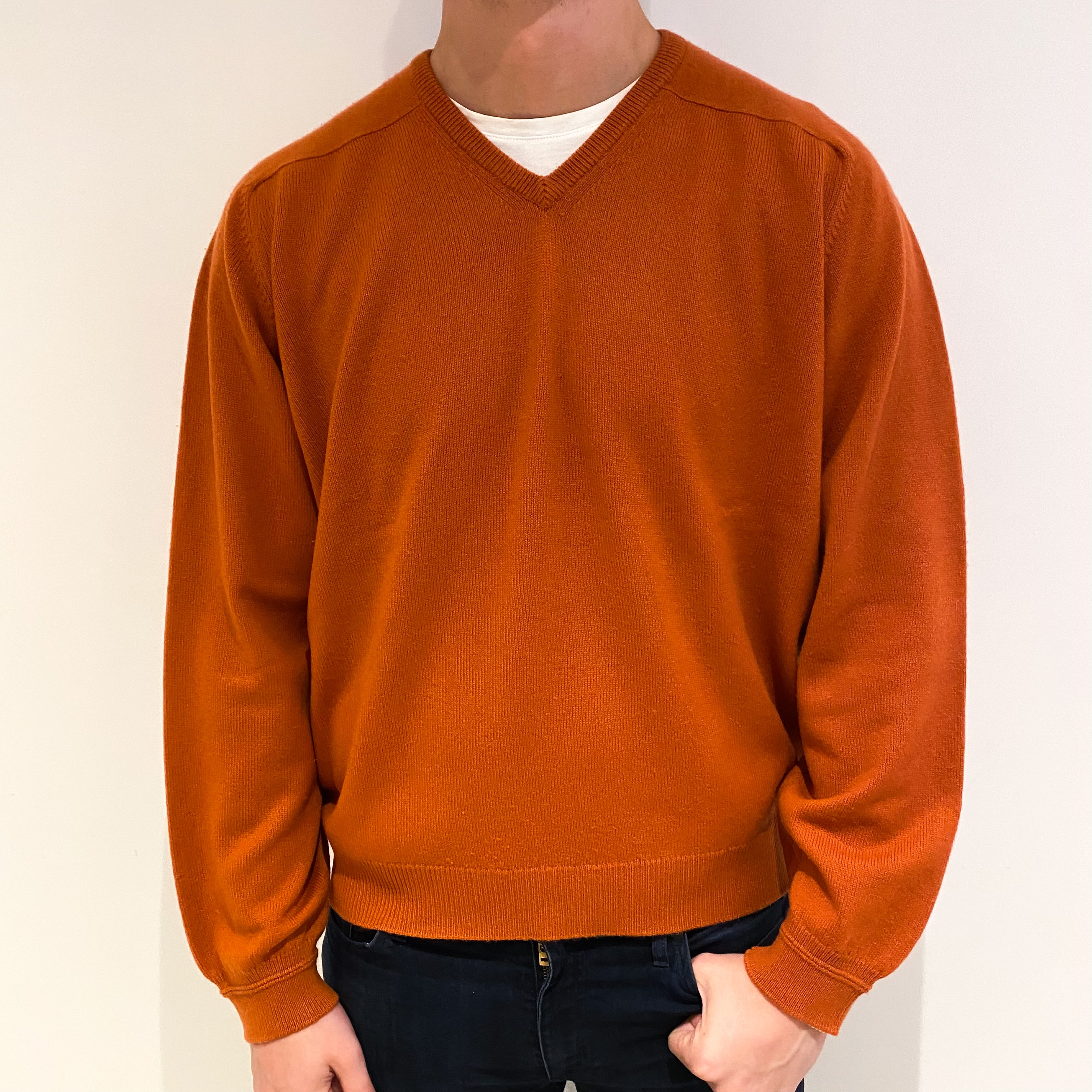 Men's Burnt Orange Cashmere V Neck Jumper XL