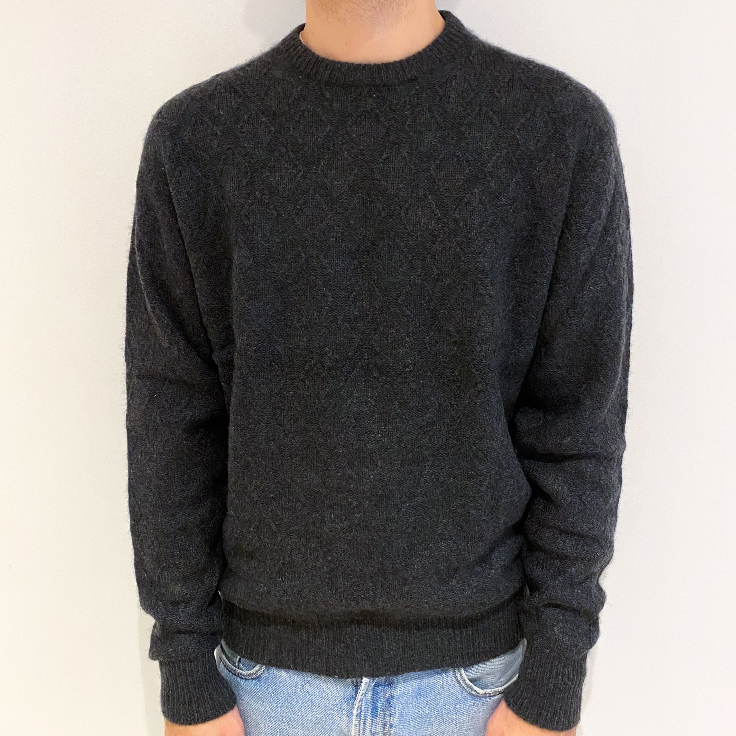 Men's Dark Grey Cashmere Crew Neck Jumper Large