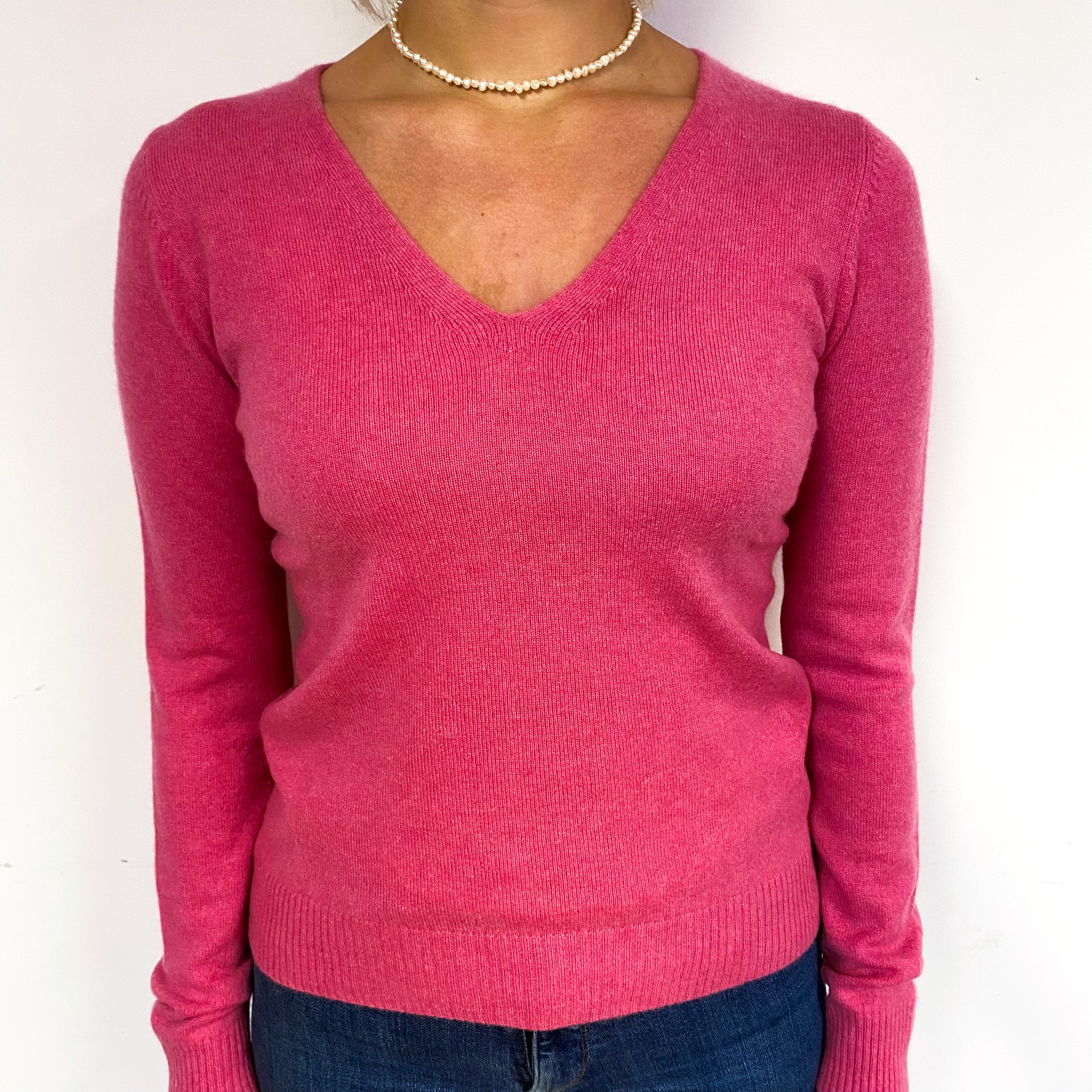 Raspberry Pink Cashmere V-Neck Jumper Small