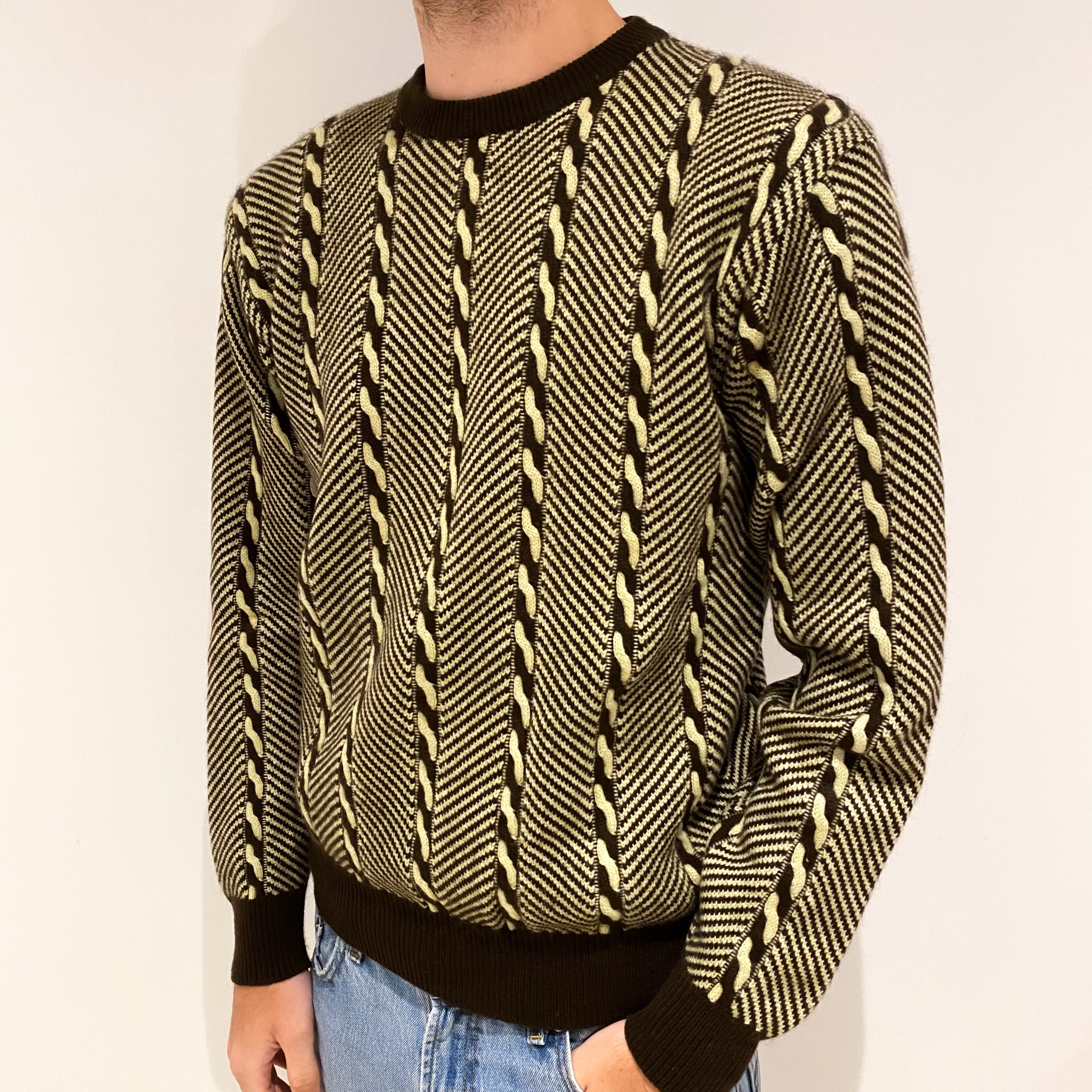 Men's Brown and Primrose Yellow Cashmere Crew Neck Jumper Large
