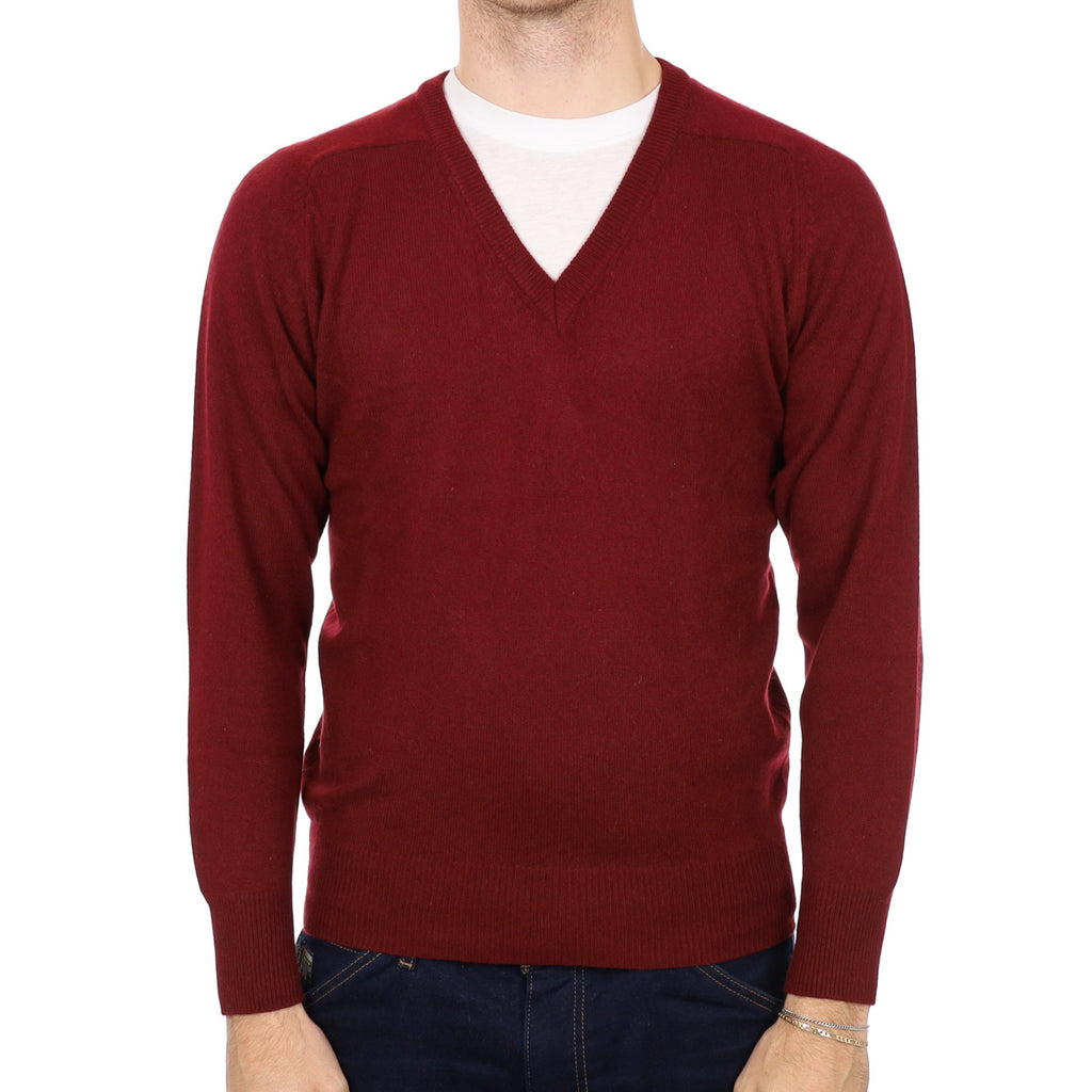 Men's Burgundy Red Cashmere V Neck Jumper Medium