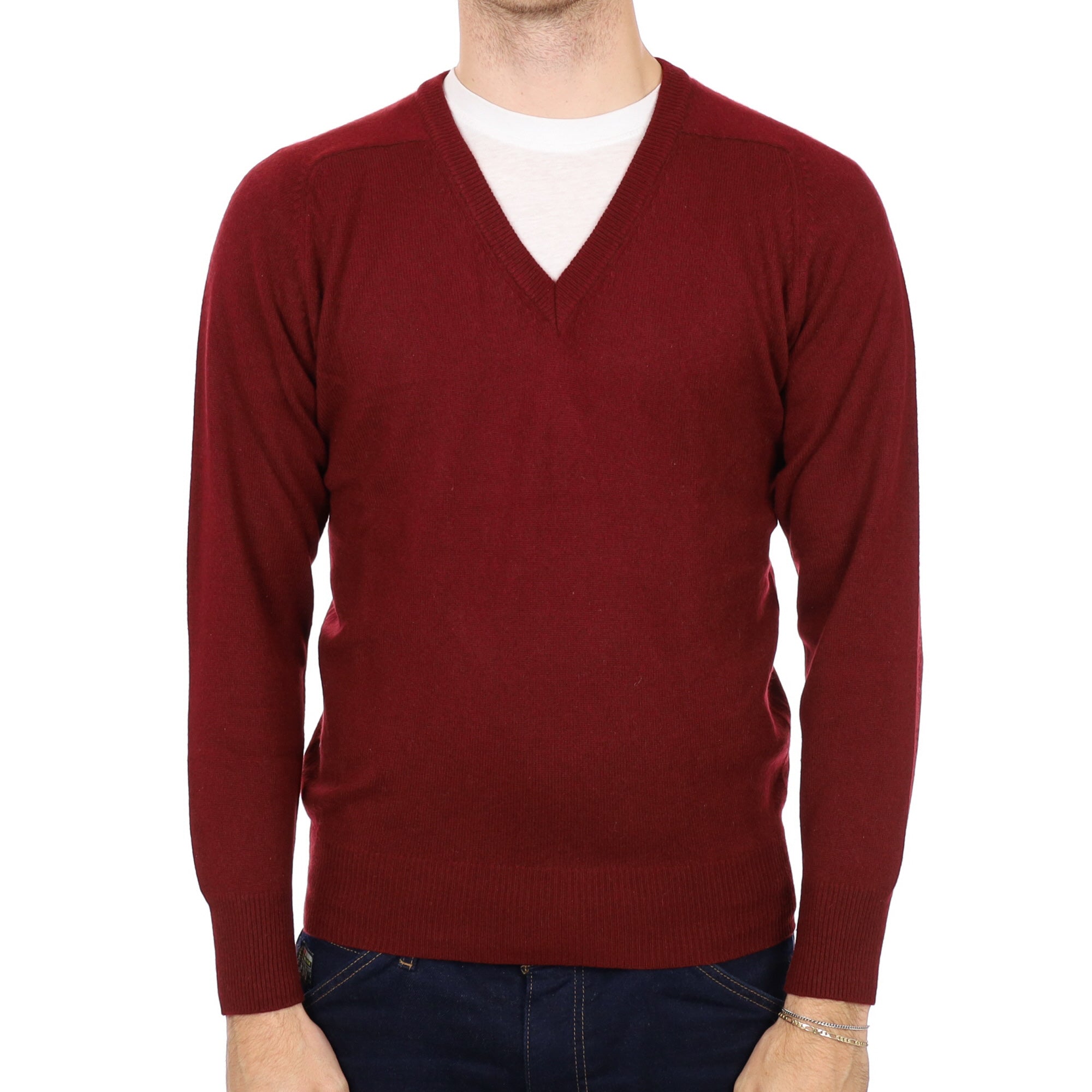 Men's Burgundy Red Cashmere V Neck Jumper Medium