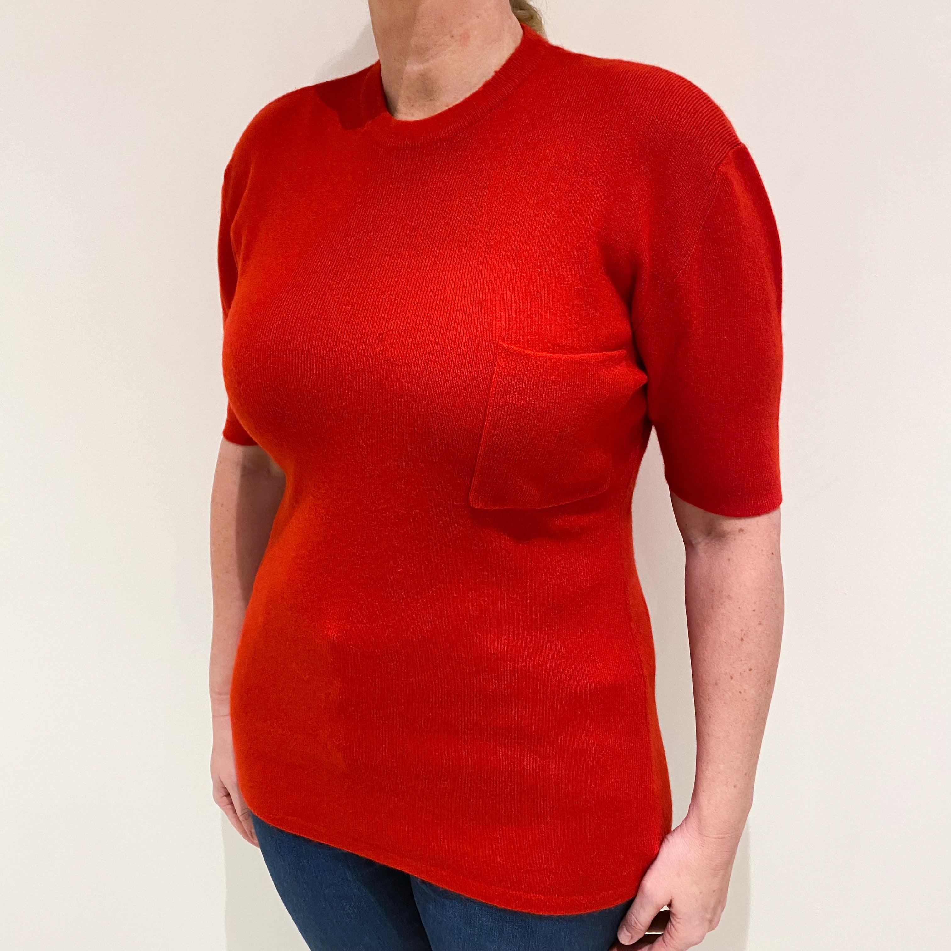 Vintage Spanish Red Cashmere Short Sleeve Crew Neck Jumper Large