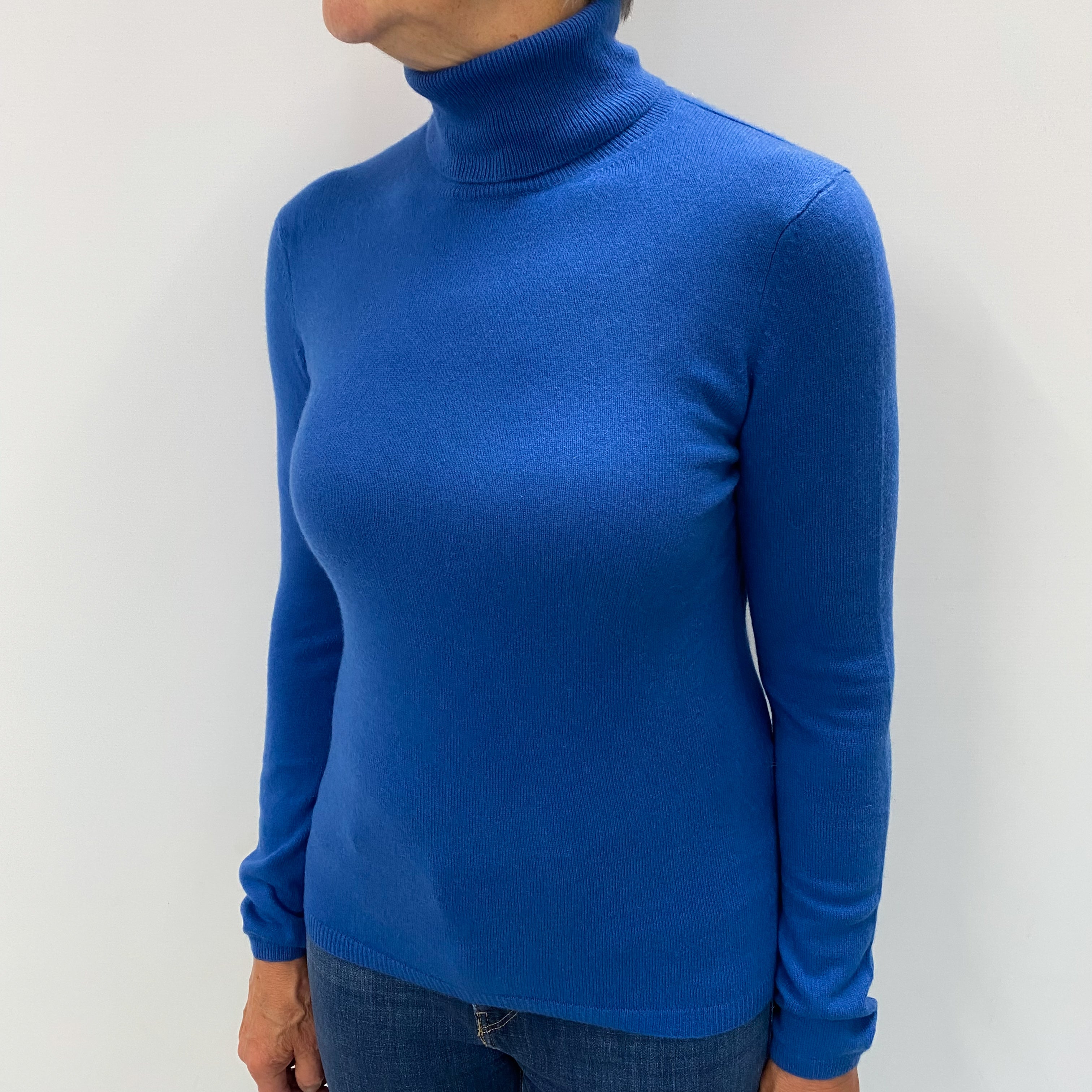 Azure Blue Cashmere Polo Neck Jumper Medium