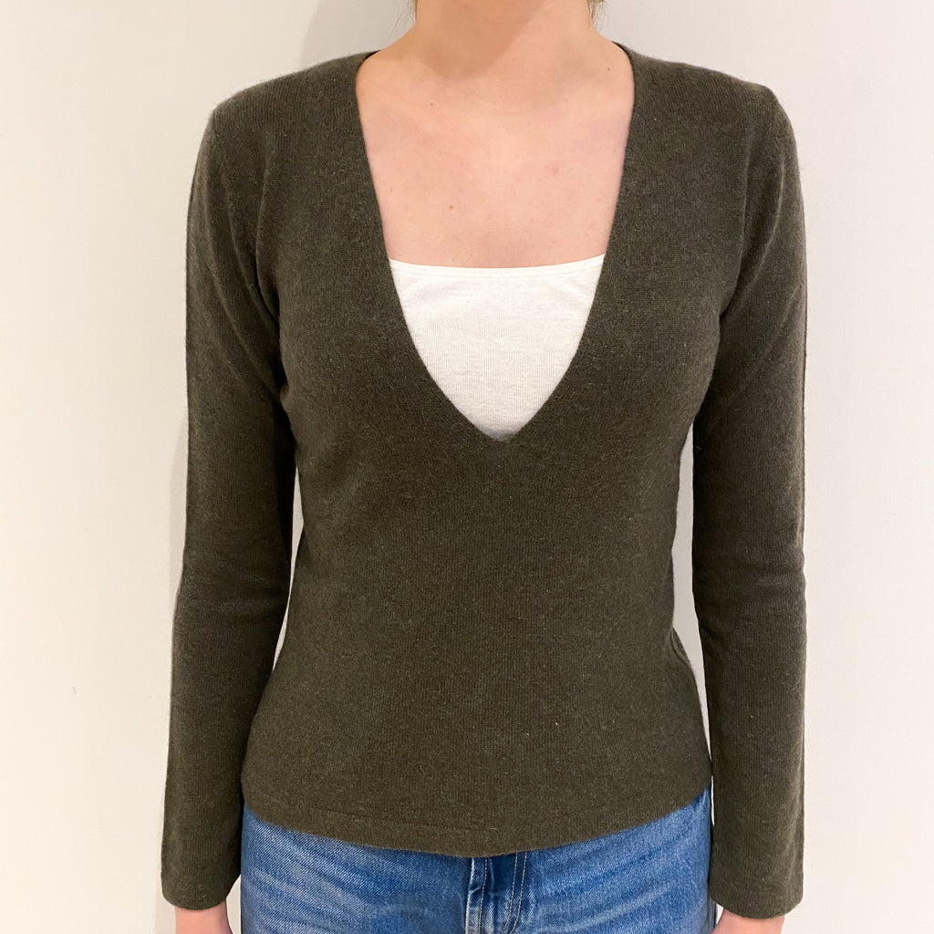 Khaki Green Cashmere Low V Neck Jumper Extra Small