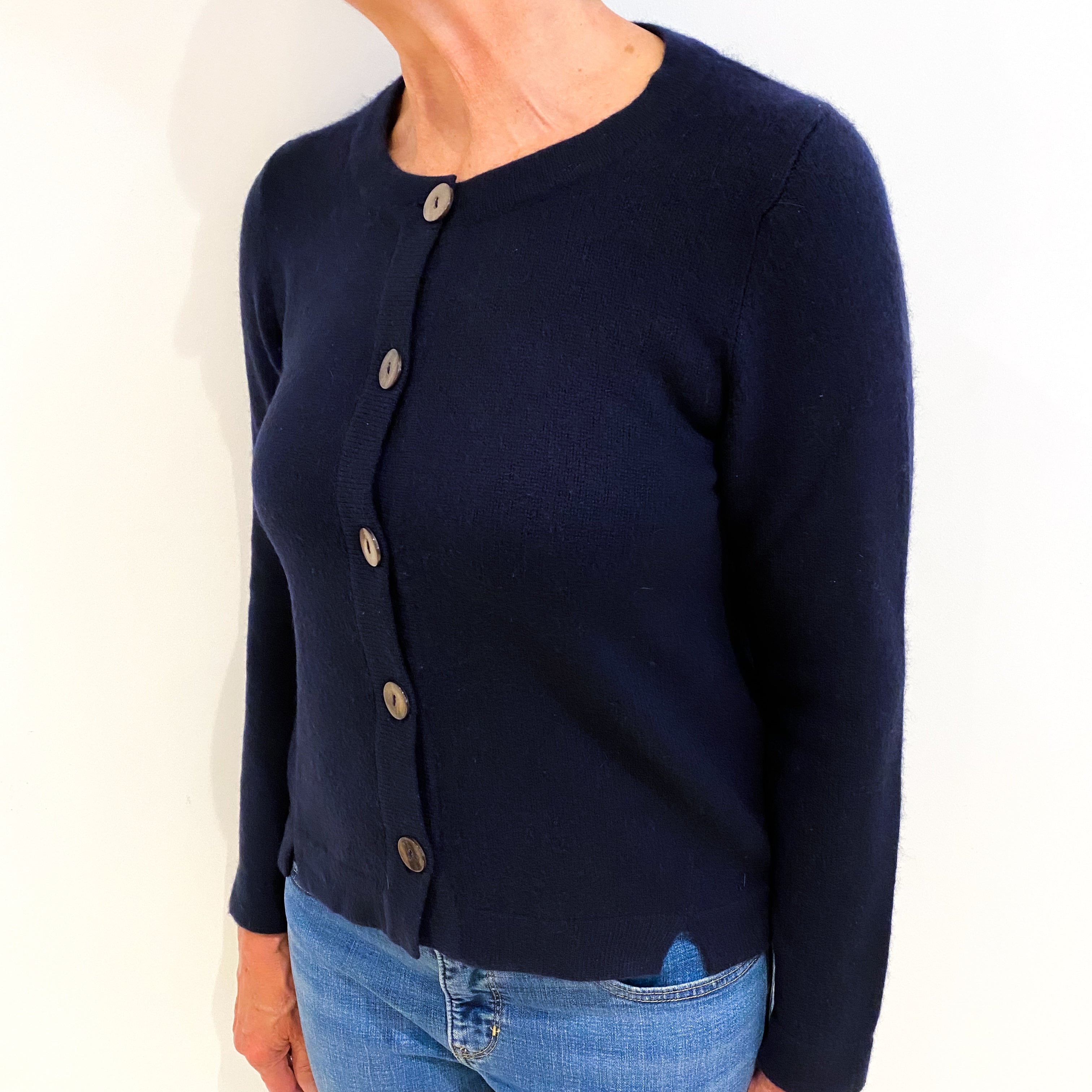 Navy Blue Cashmere Crew Neck Cardigan Medium