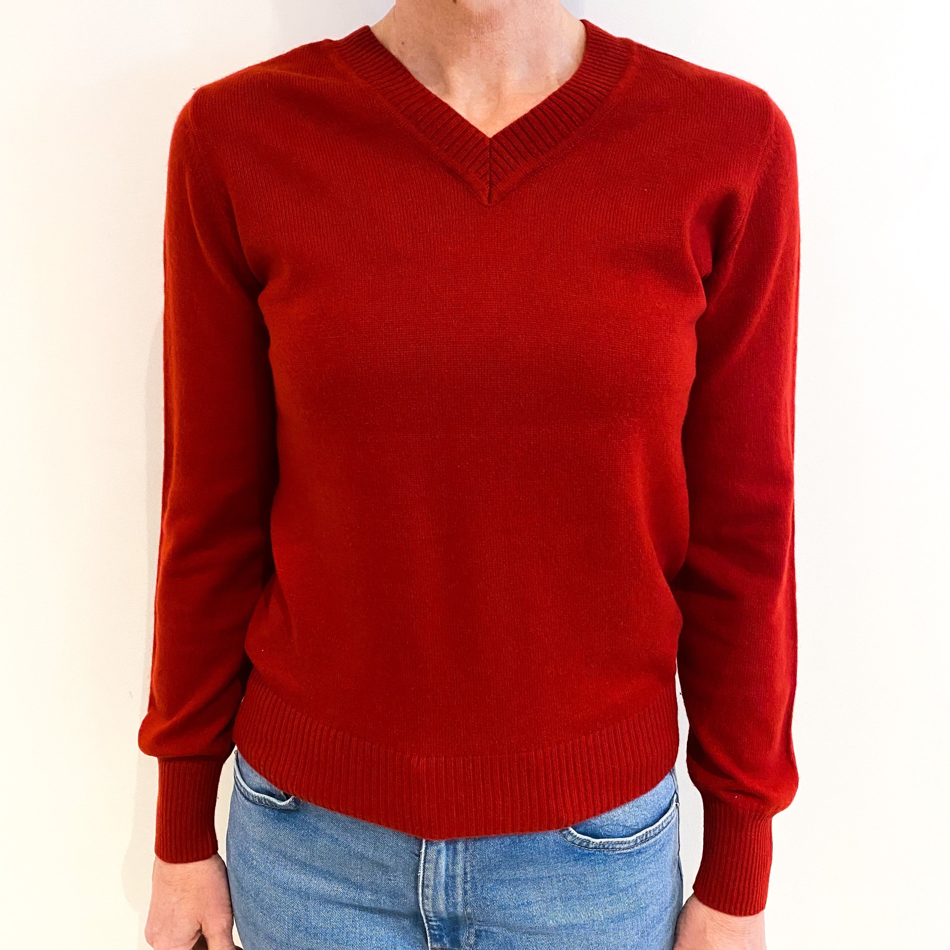 Crimson Red Cashmere V Neck Jumper Small