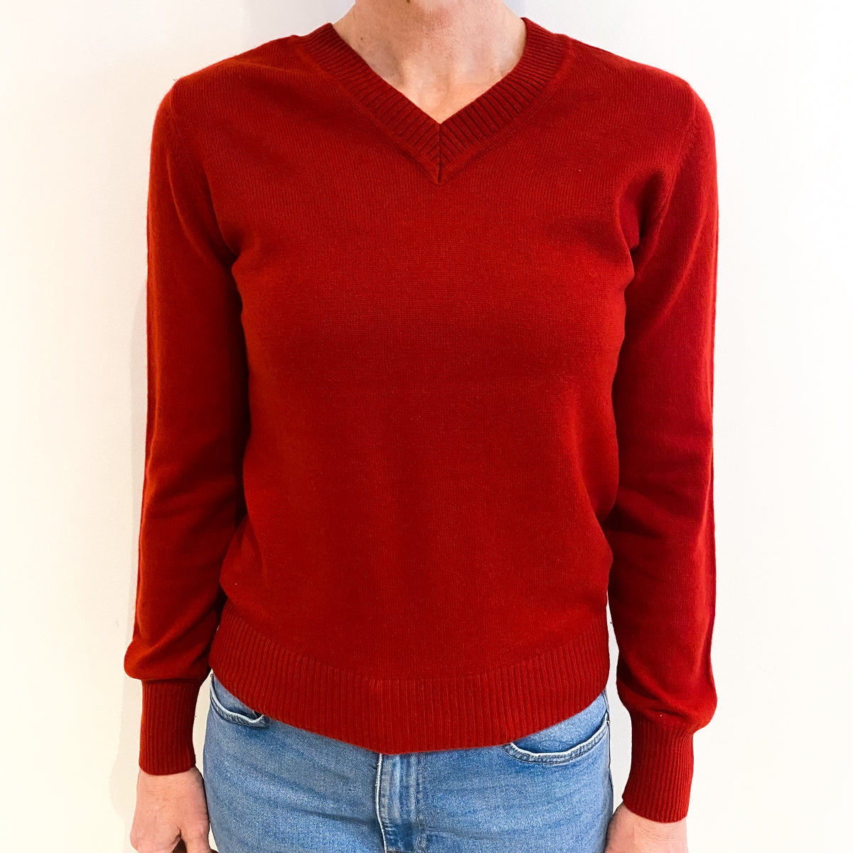 Crimson Red Cashmere V Neck Jumper Small