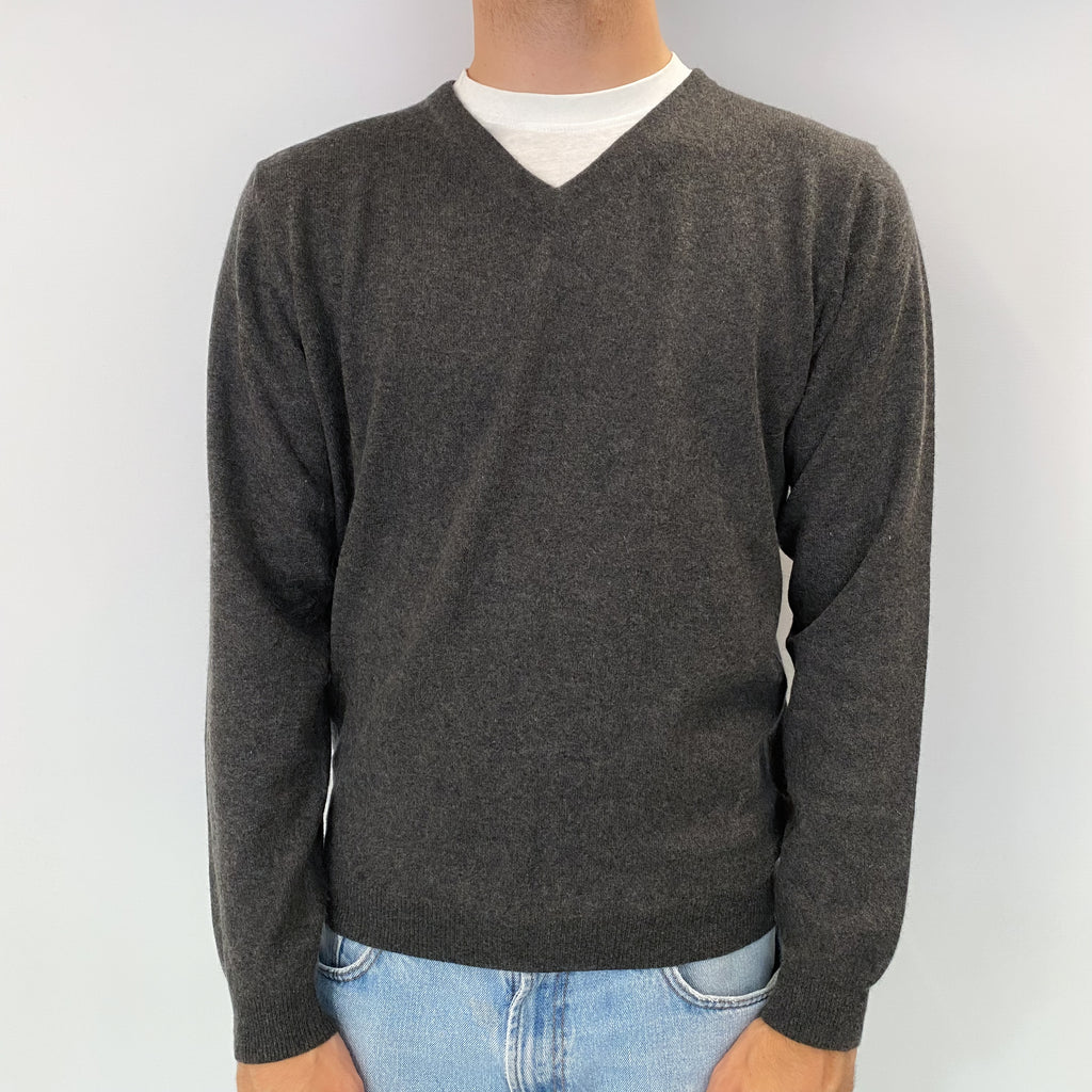 Men's Dark Slate Grey Cashmere V Neck Jumper Medium