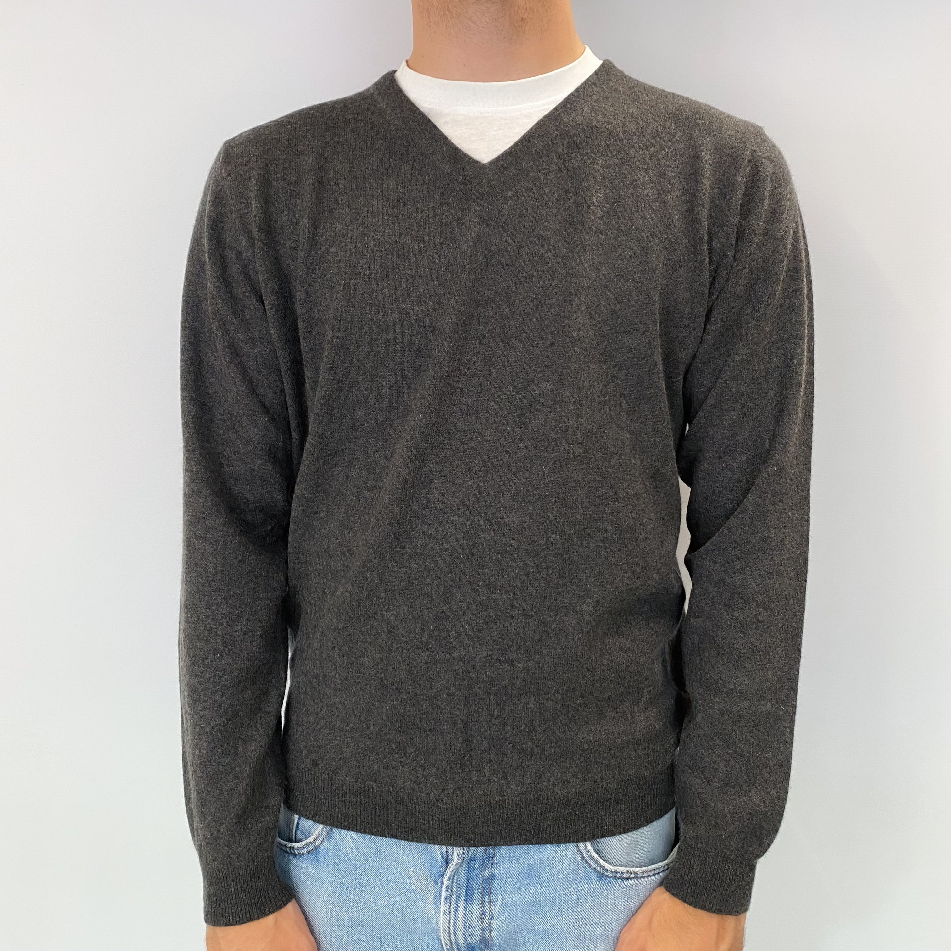 Men's Dark Slate Grey Cashmere V Neck Jumper Medium