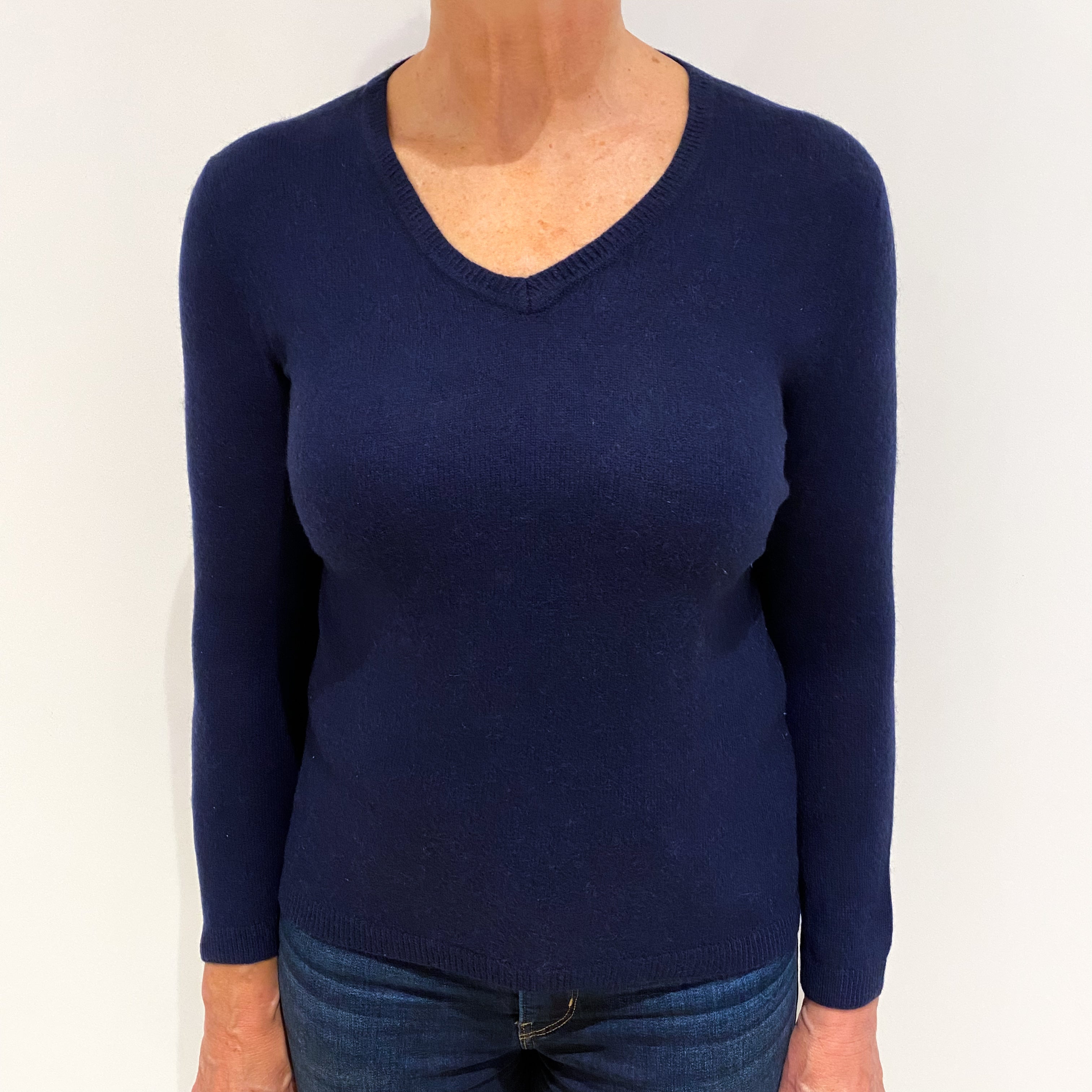Navy Blue Cashmere V Neck Jumper Medium