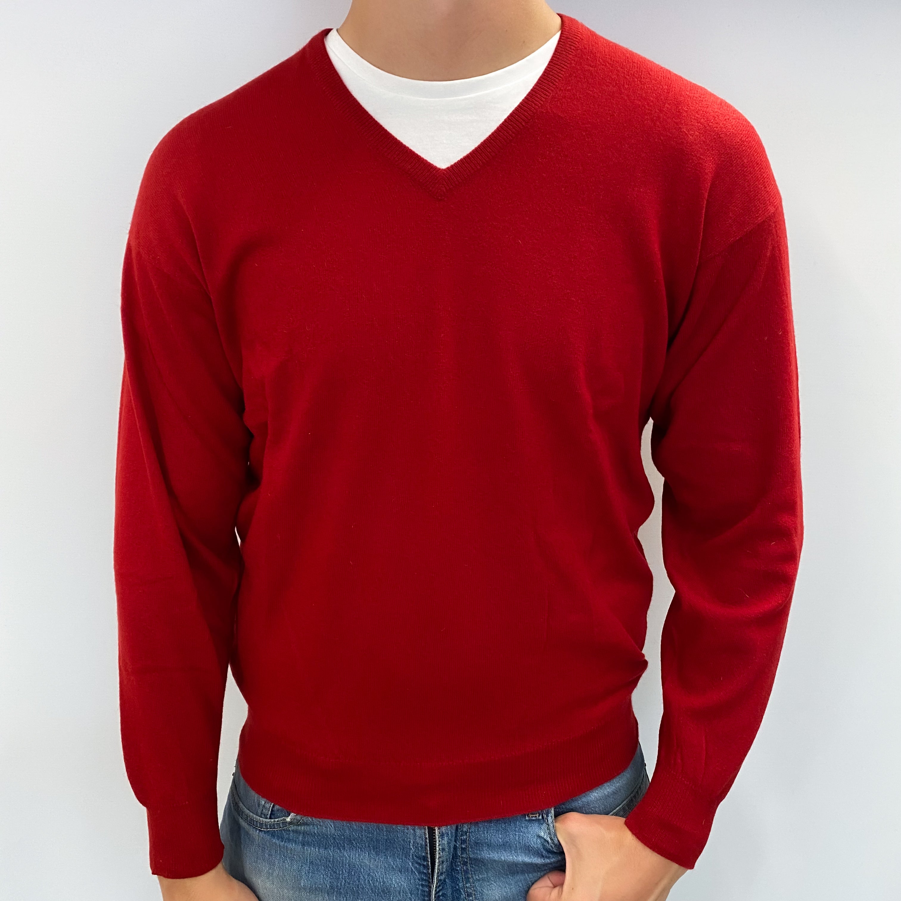 Men's Scarlet Red Cashmere V Neck Jumper XL