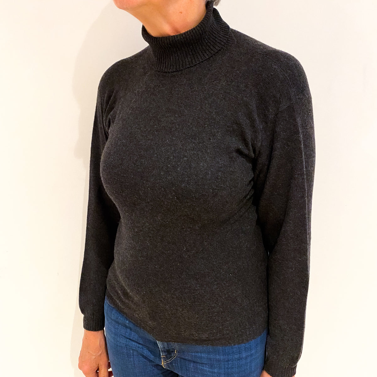Charcoal Grey Cashmere Polo Neck Jumper Medium