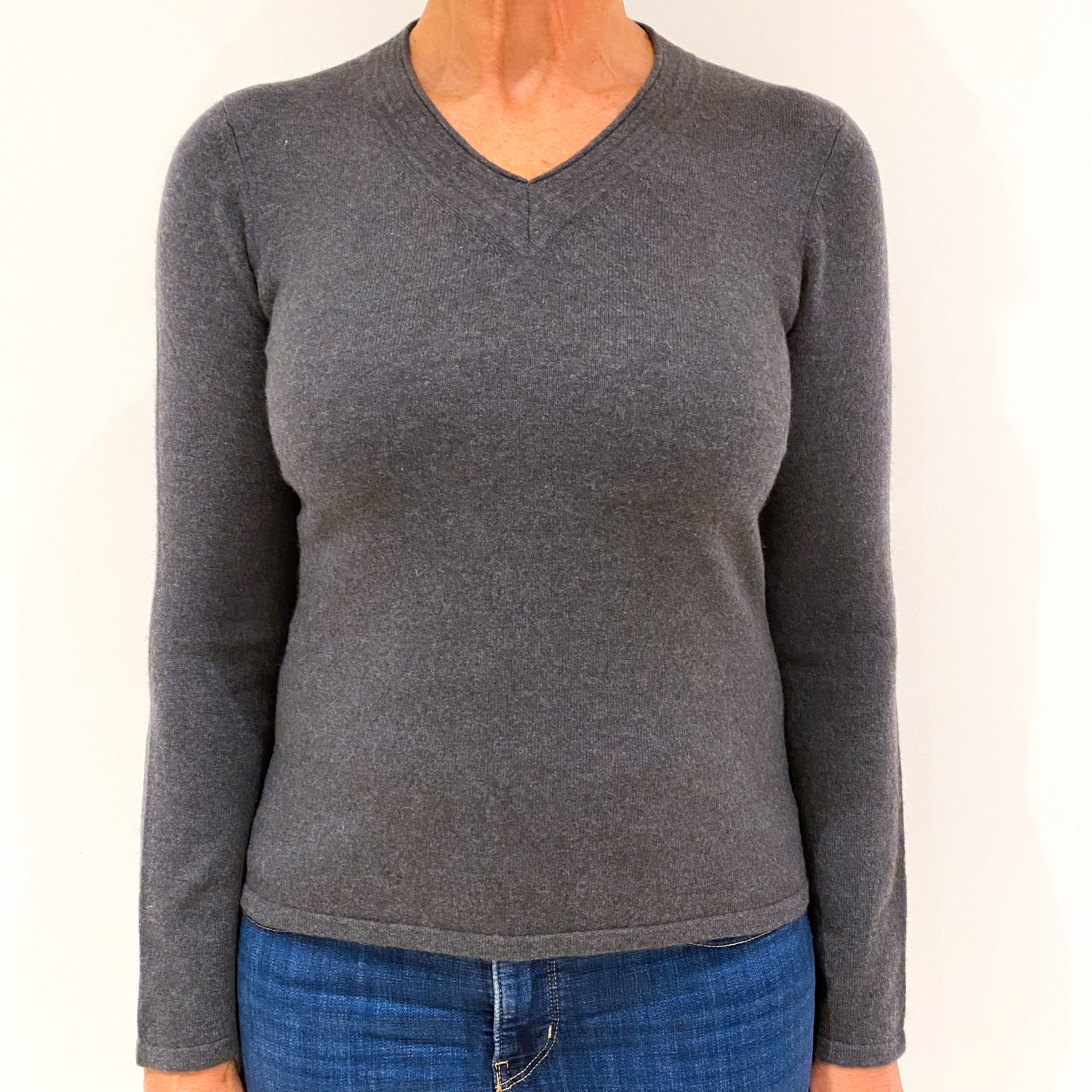 Slate Grey Cashmere V-Neck Jumper Medium
