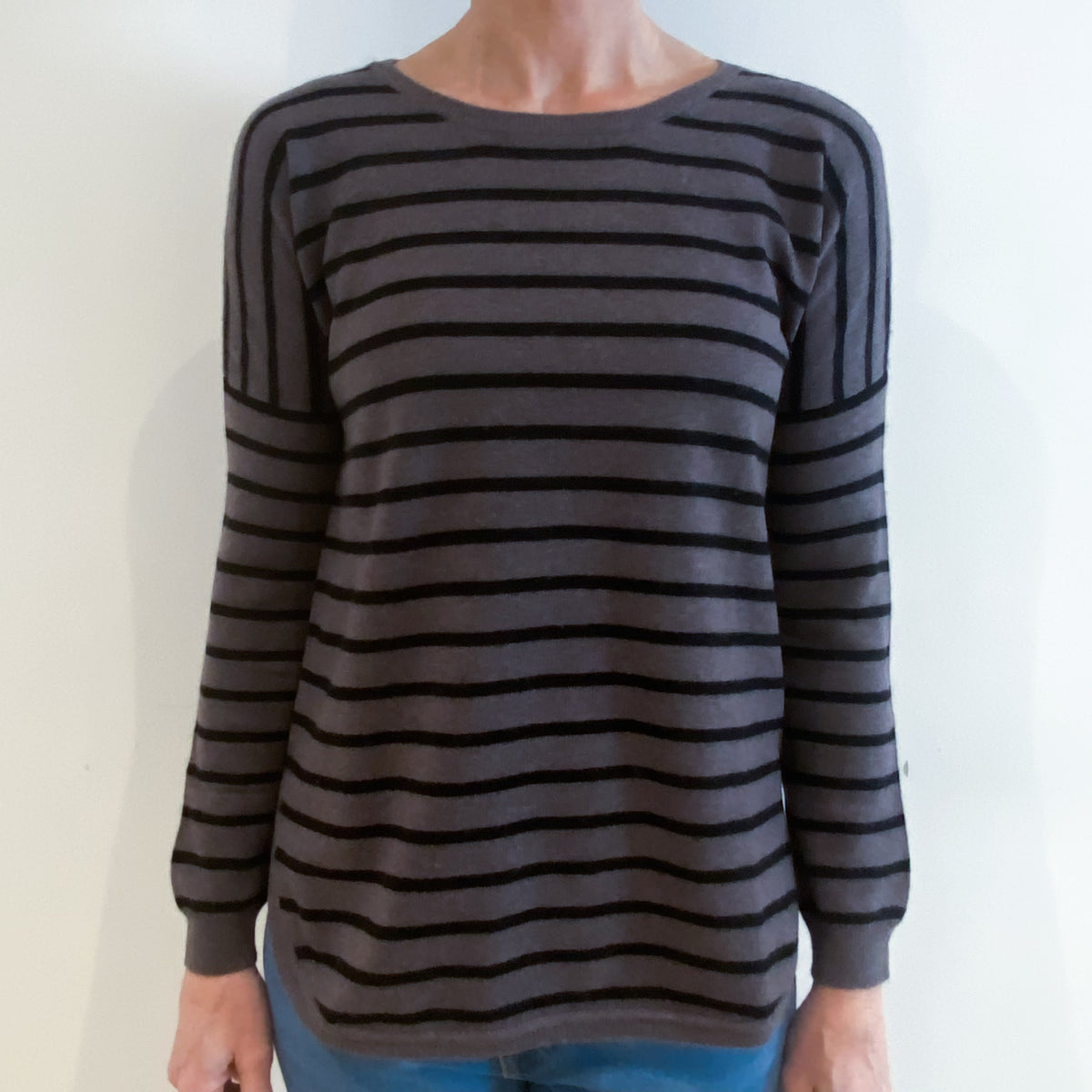 Muted Brown and Black Striped Cashmere Crew Neck Jumper Small