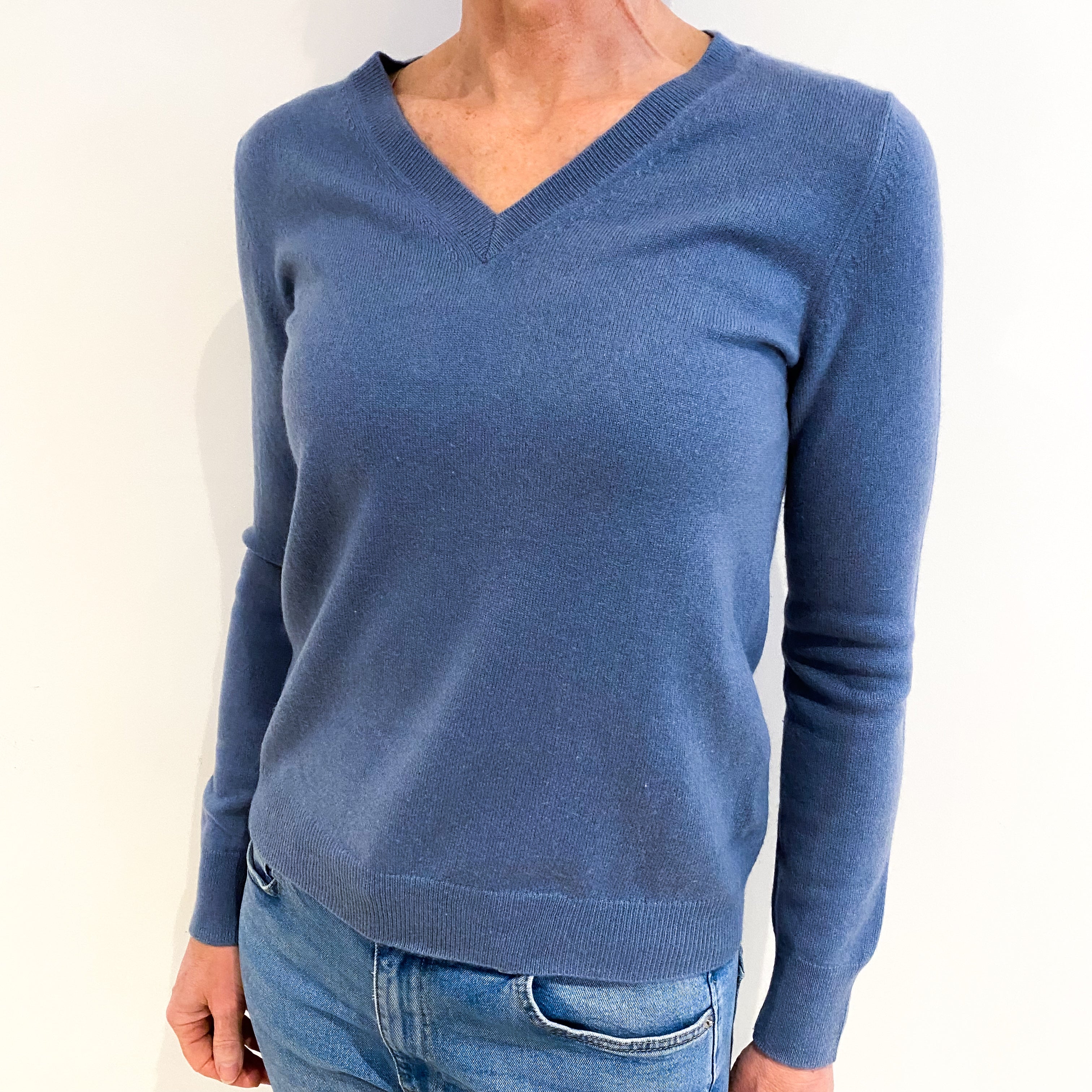 Denim Blue Cashmere V Neck Jumper Small