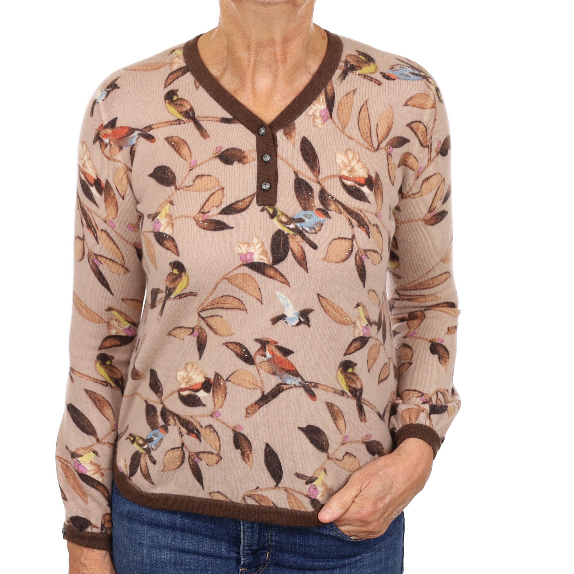 Brown Floral Bird Patterned Cashmere V Neck Jumper Medium