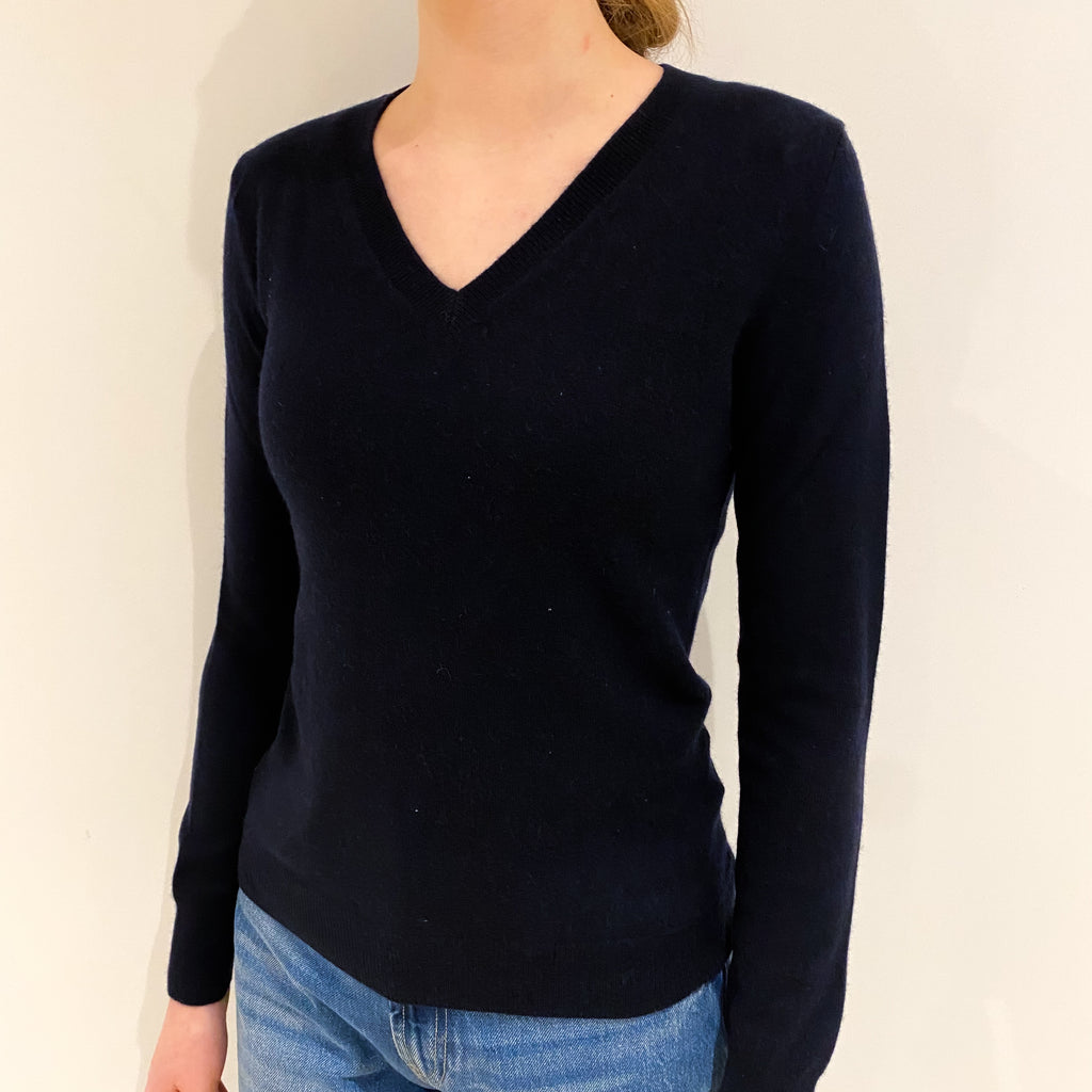 Dark Navy Blue Cashmere V Neck Jumper Extra Small