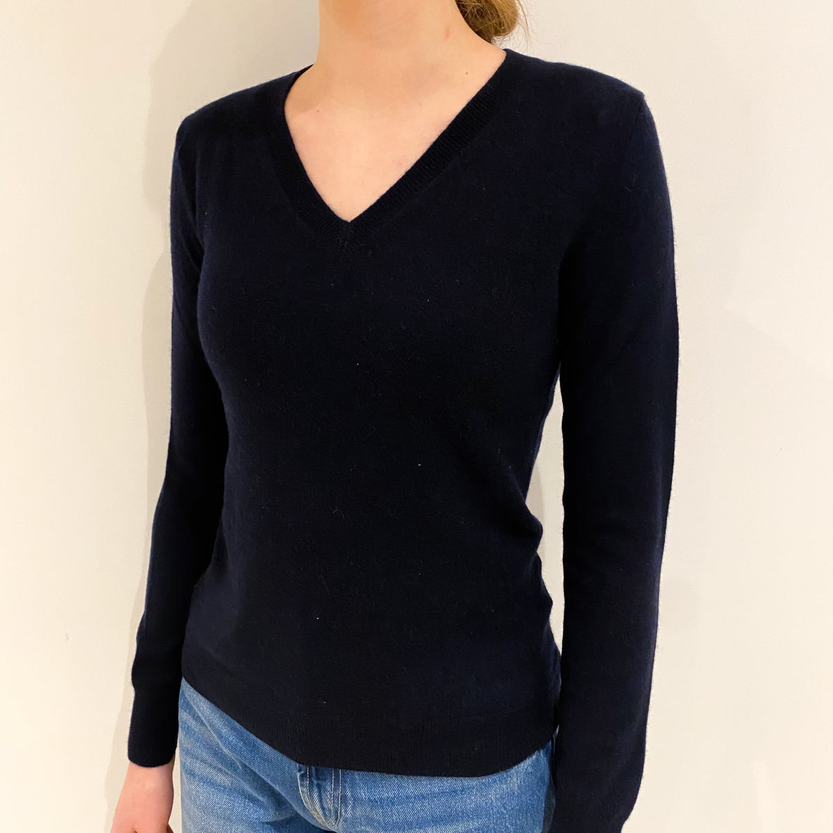 Dark Navy Blue Cashmere V Neck Jumper Extra Small