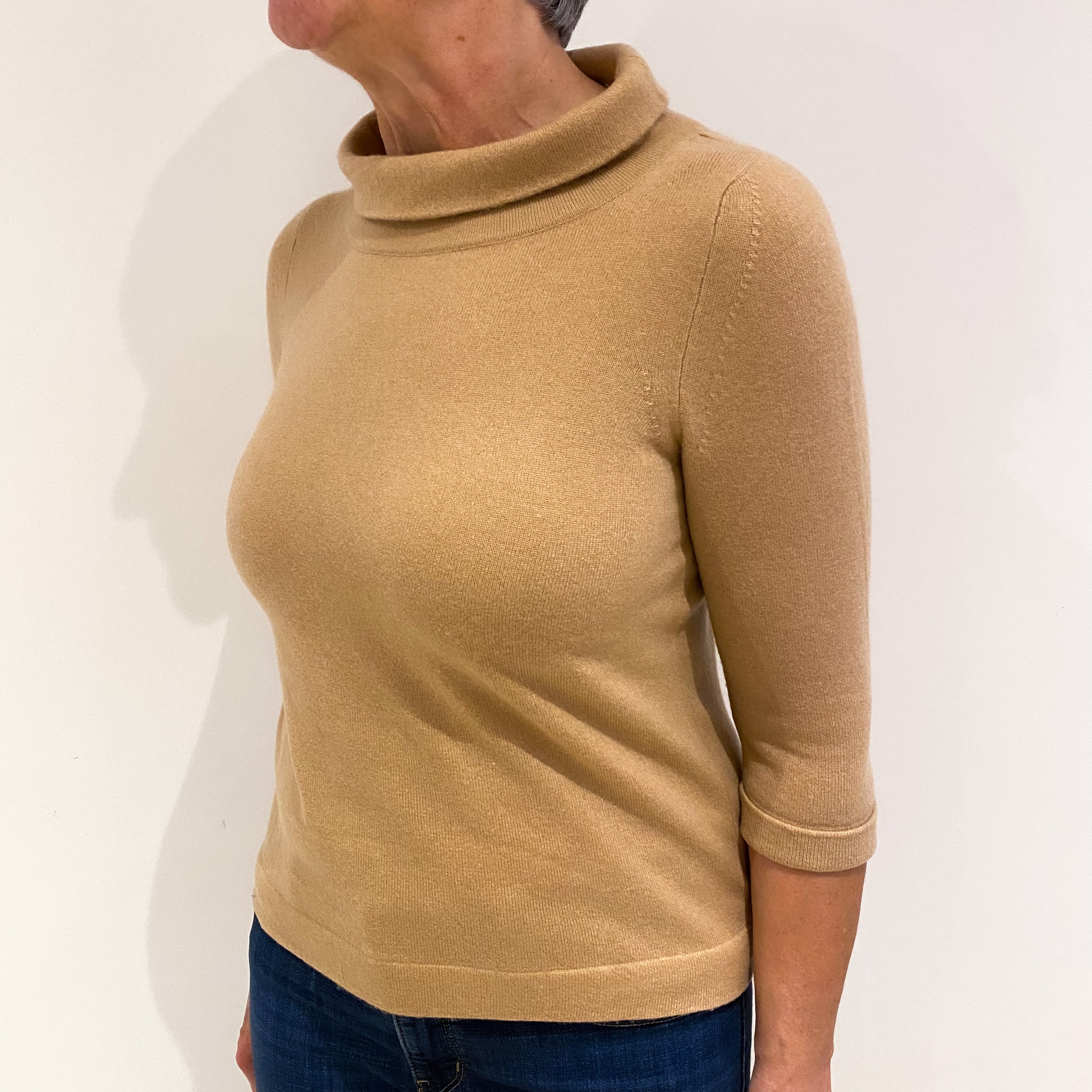 Camel Brown Cashmere Loose Polo Neck Jumper Medium